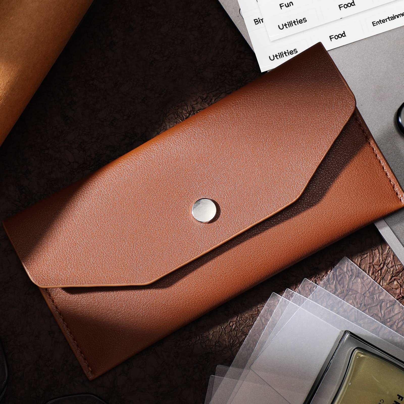 Frienda 11-Piece Cash Envelope Wallet Set - Premium PU Leather Reusable Budget Organizer with Dividers for Bills & Money Management (Brown) - Perfect for Personal Finance, Cash Stuffing & Dave Ramsey Envelope System