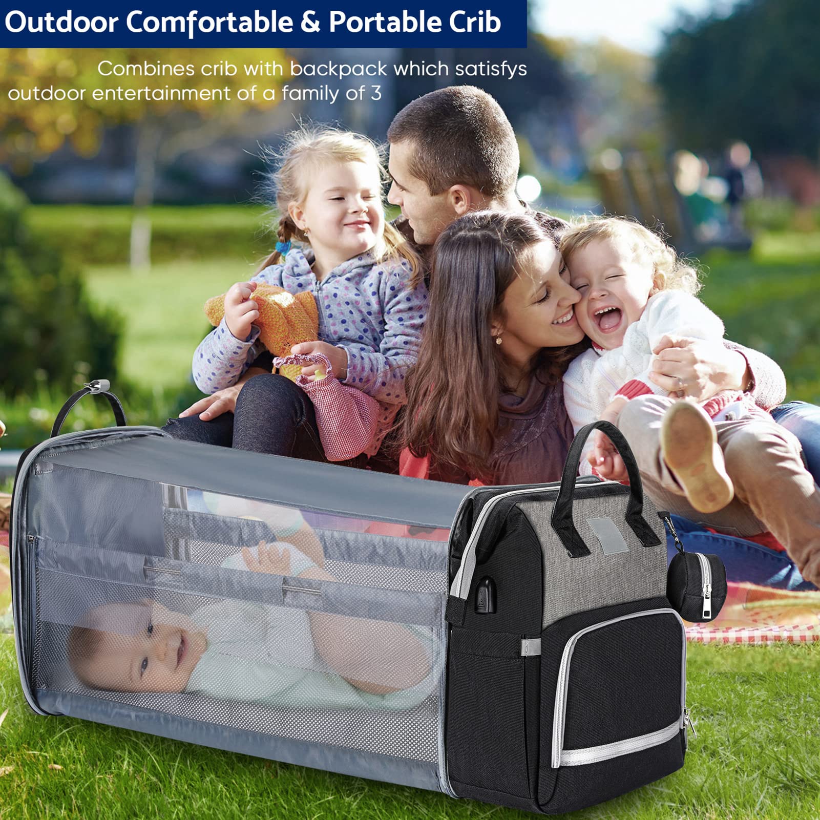 **Large Expandable Diaper Backpack for Moms - Multifunctional Travel Baby Bag with High Capacity, Waterproof & Stylish (Grayish Black) - Perfect for Day Trips, Air Travel & Baby Essentials Organization**