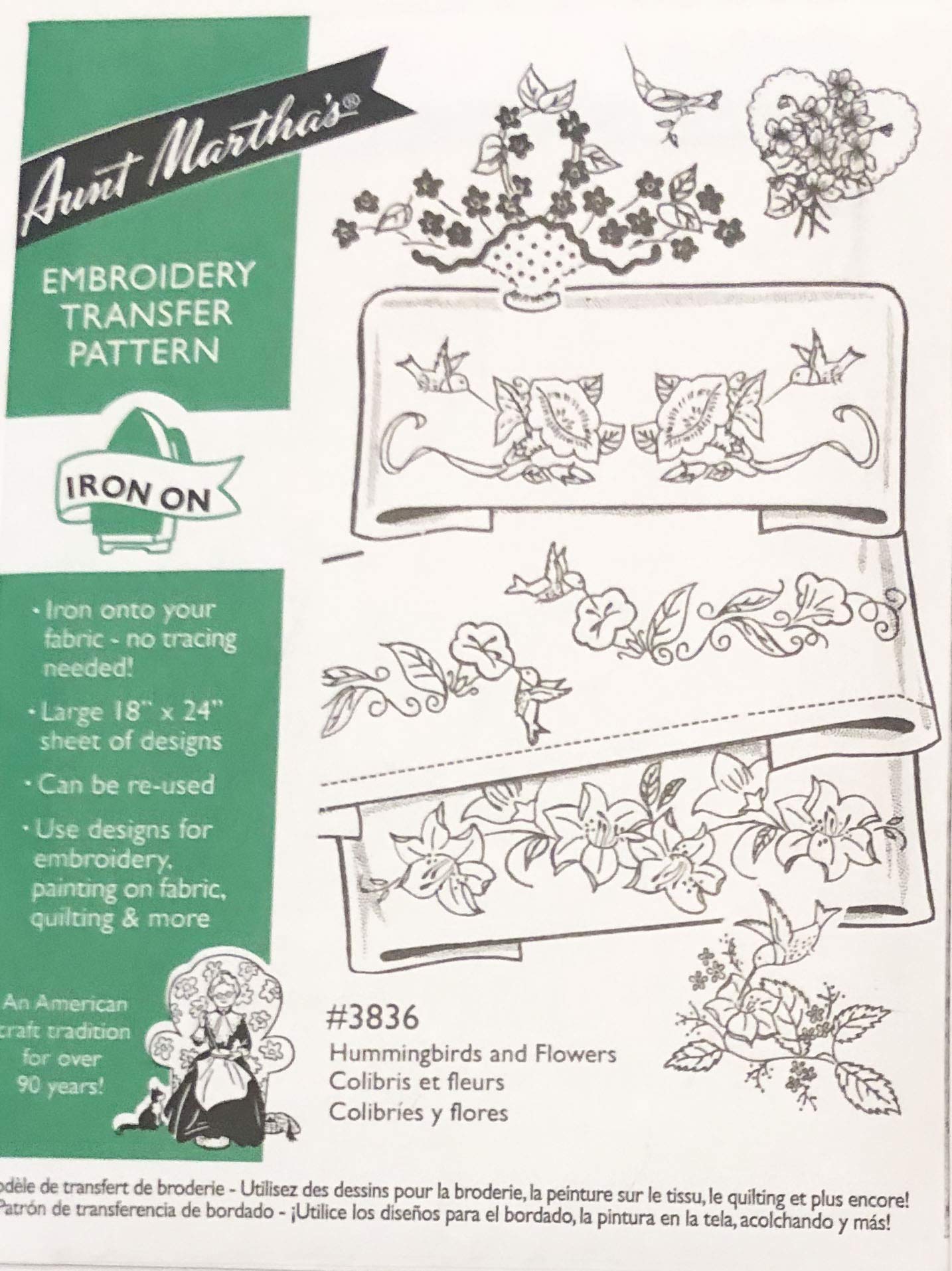 Aunt Martha's Hot Iron Embroidery Transfer - Hummingbird & Floral Designs for Linens | DIY Home Decor & Gift Ideas