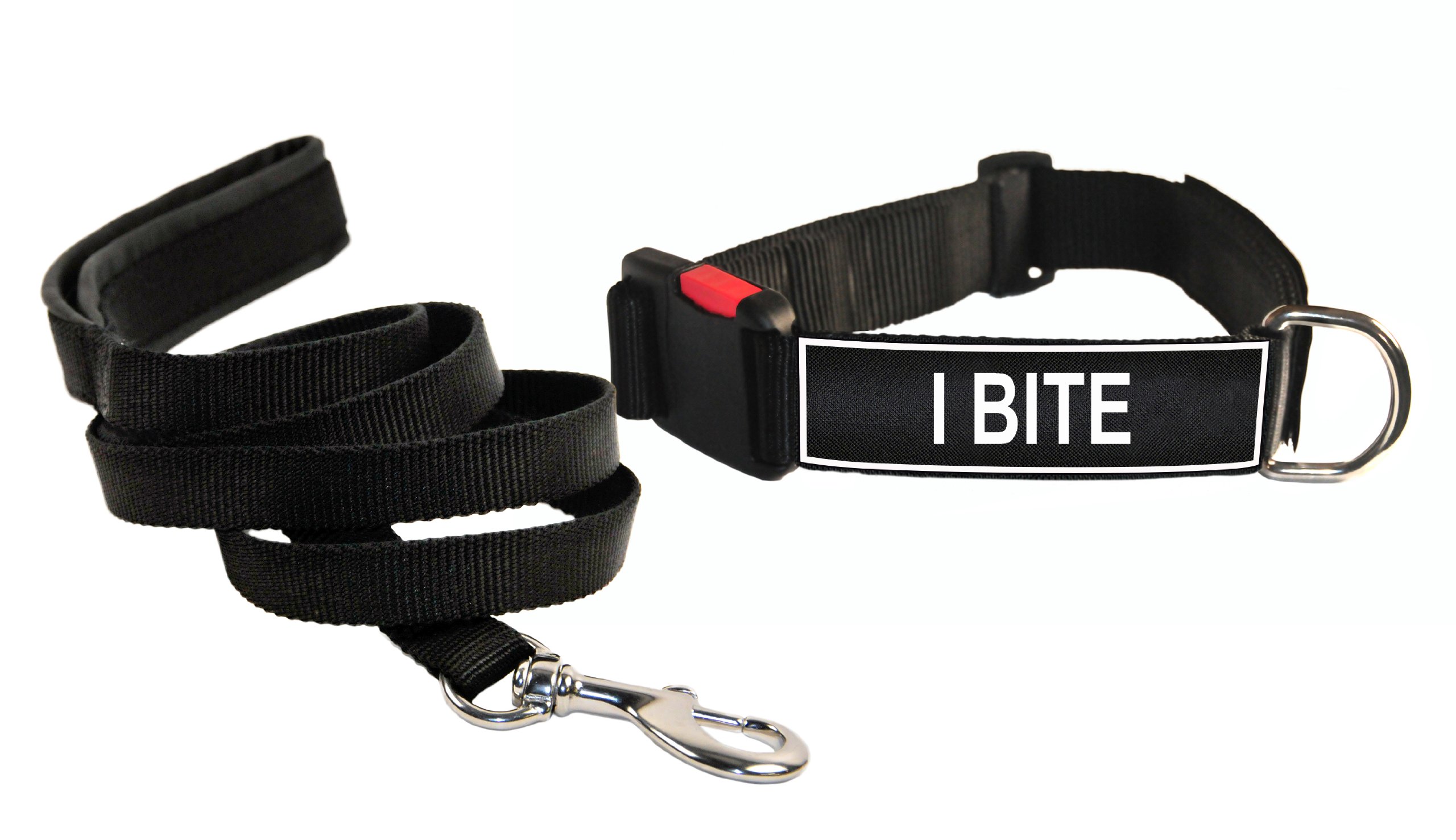 Dean & Tyler 'I Bite' Large Black Patch Dog Collar with Matching Padded Leash - Durable Training Collar for Aggressive Dogs, Perfect for Walking & Obedience Training