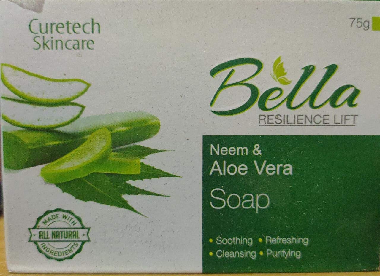Bella Neem & Aloe Vera Soap 75g (Pack of 4) - Natural Antibacterial & Moisturizing Bar Soap for Acne, Eczema & Dry Skin - Perfect for Daily Face & Body Cleansing at Home or Travel