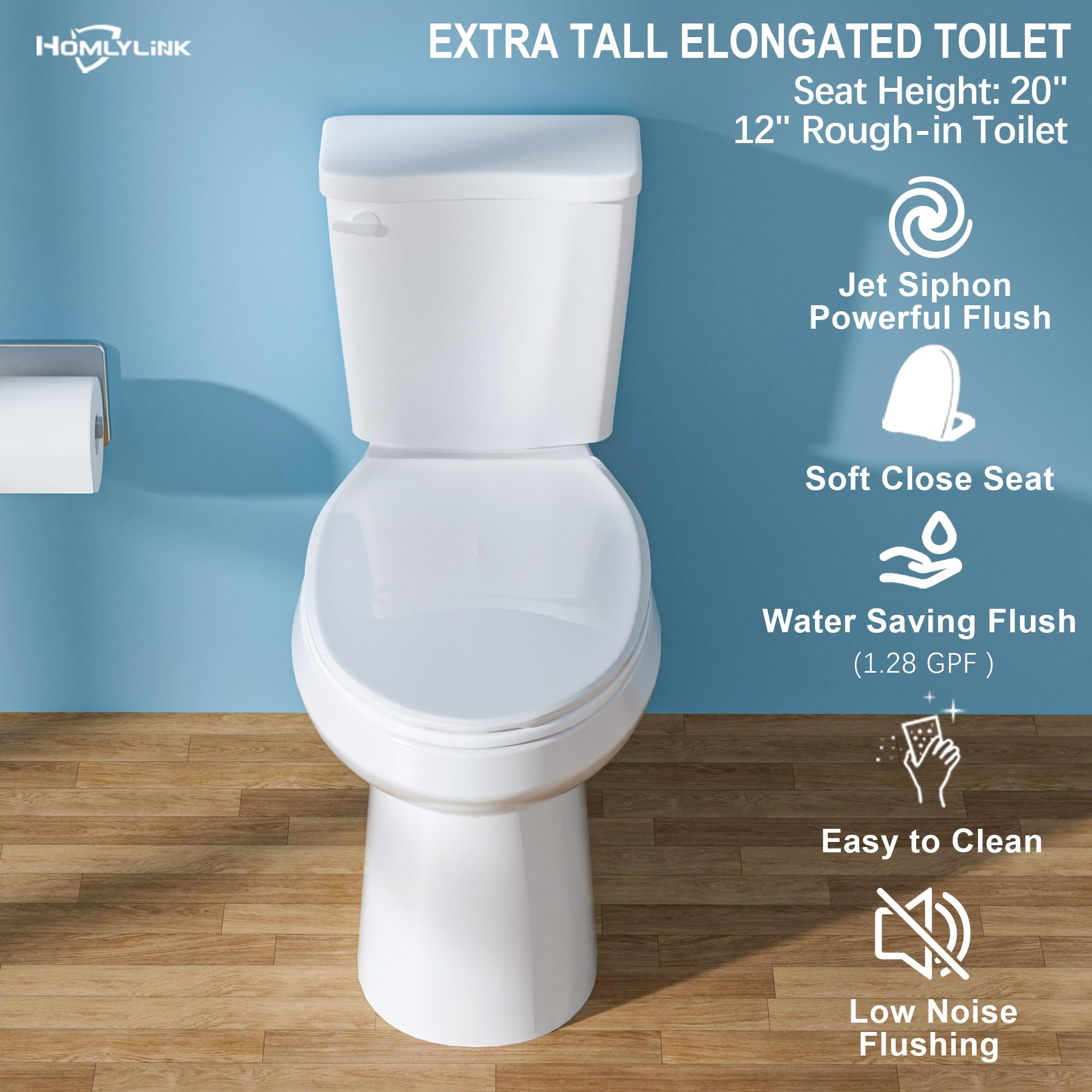 19 Inch Tall Toilet for Seniors & ADA Compliant - High Height Elongated Bowl (20