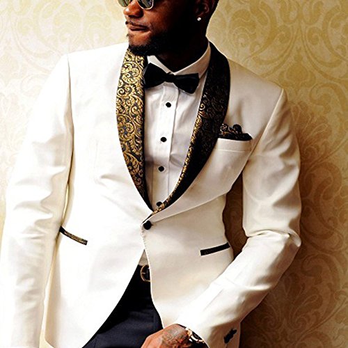 Premium Jacquard Gold Paisley Floral Pattern Shawl Lapel Slim Fit Tuxedo Suit for Men - White Formal Wedding Groom Prom Suit | Perfect for Weddings, Prom Nights & Black Tie Events