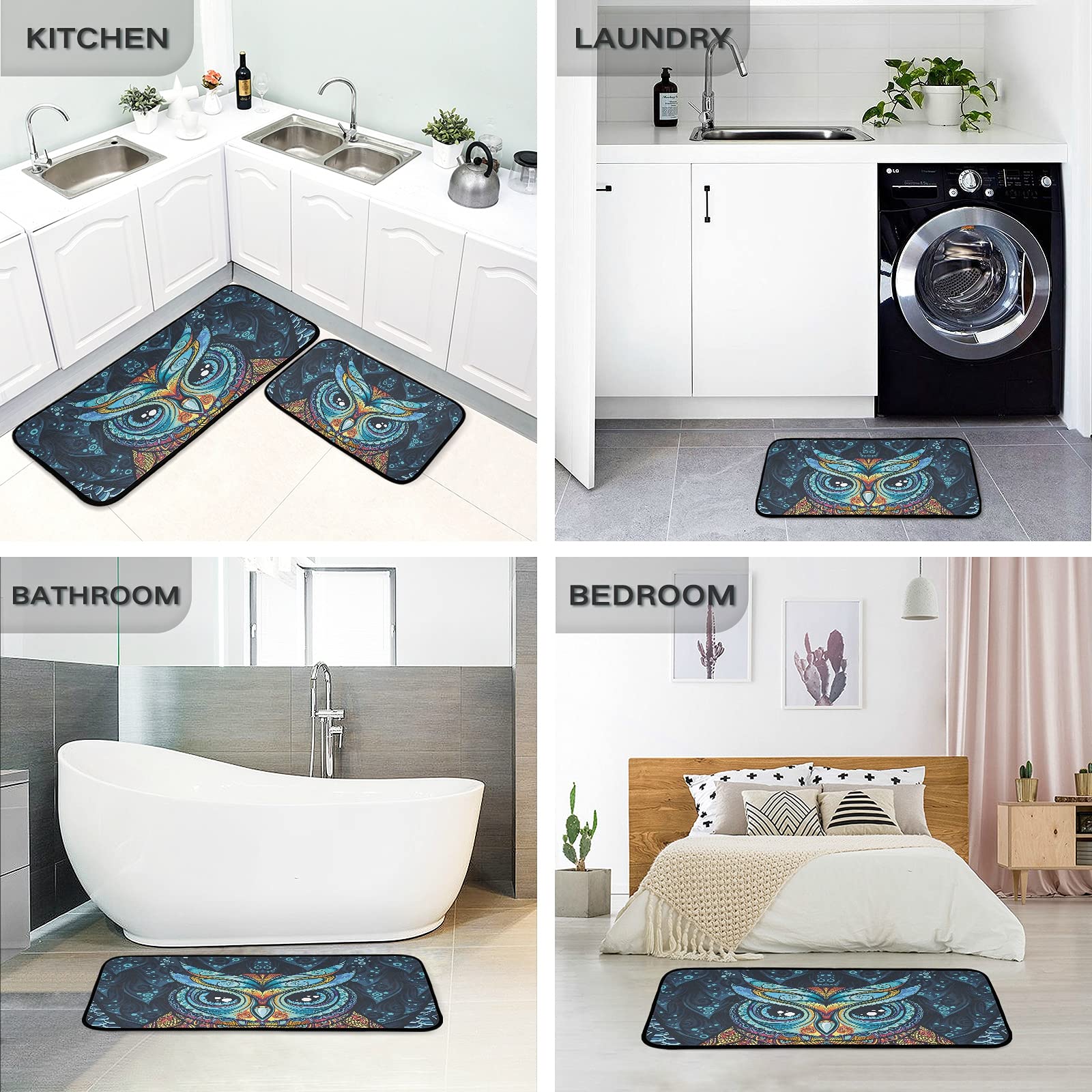 Tribal Owl Kitchen Rugs Set - Anti-Fatigue Non-Slip Mats for Sink & Laundry (2PC)