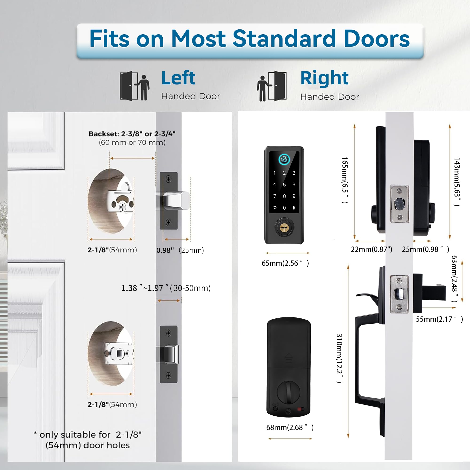BEBASIA Smart Fingerprint Door Lock with Keyless Entry - Bluetooth Electronic Keypad Deadbolt & Handle Set for Front Door Security - Perfect for Homes, Apartments & Vacation Rentals (Black)