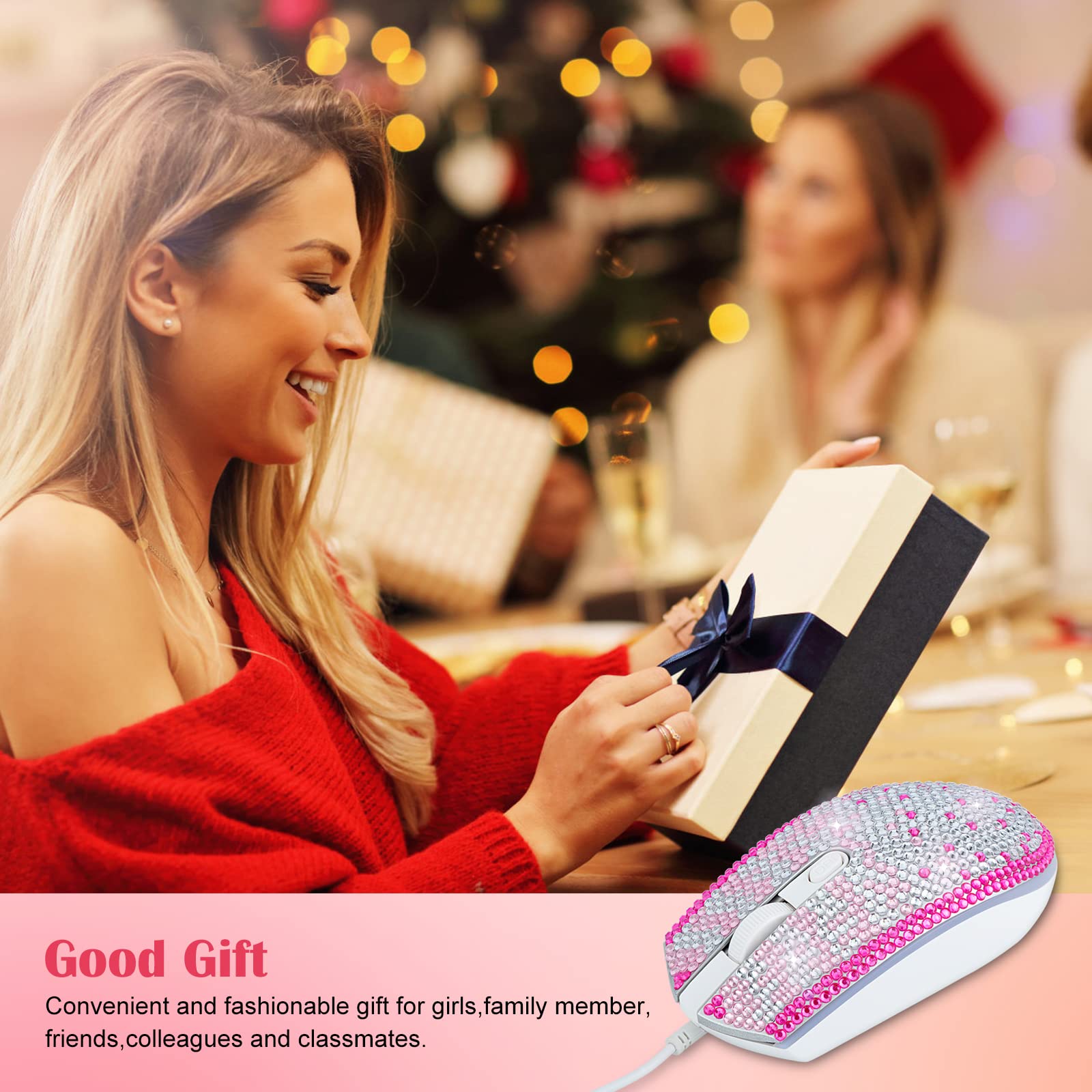 KEYPOWER Bling Rhinestones USB Wired Mouse with 7 Colors Backlit, Personalized Gift for Computer Laptop, Perfect for Gaming, Office, and Home Use