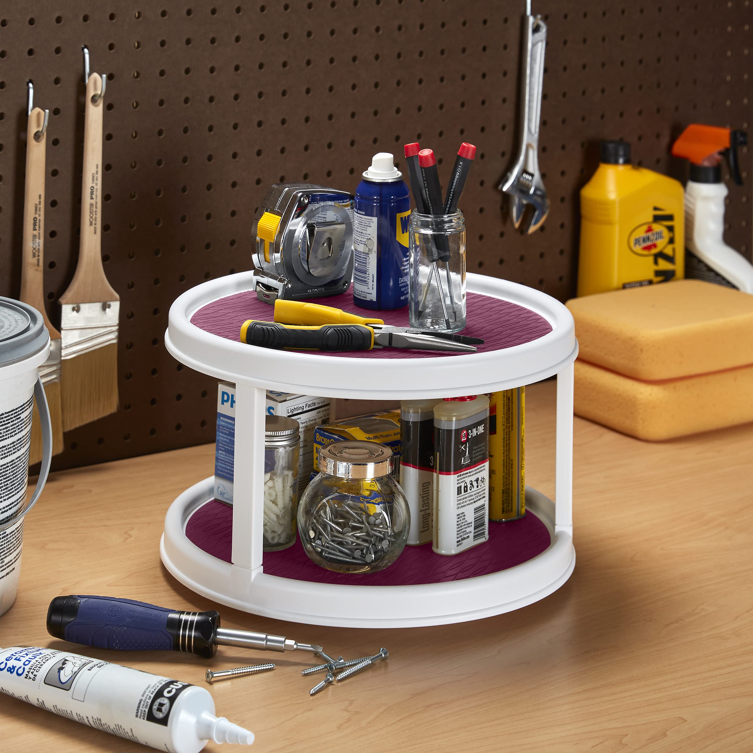 Copco 12-Inch Non-Skid 2-Tier Lazy Susan Turntable for Pantry Cabinet - White & Purple Spice Organizer | Perfect for Kitchen Storage, Spice Racks, and Cabinet Organization