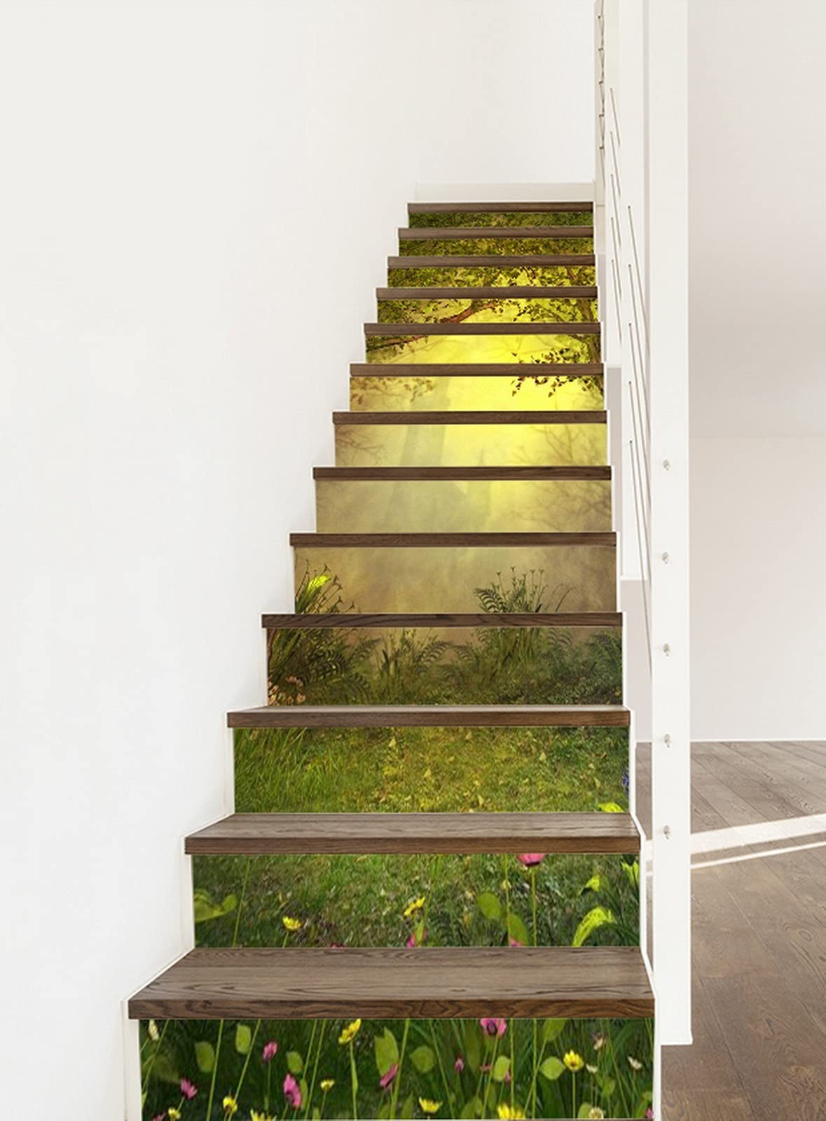 A.Monamour 3D Self-Adhesive Removable Stair Stickers - Fairy Forest with Old Trees & Enchanted Castle Vinyl Decals for Stair Risers, Kitchen Tiles, Wall Murals (13-Piece Set) - Perfect for Home Decor, Nursery, and DIY Interior Design Projects