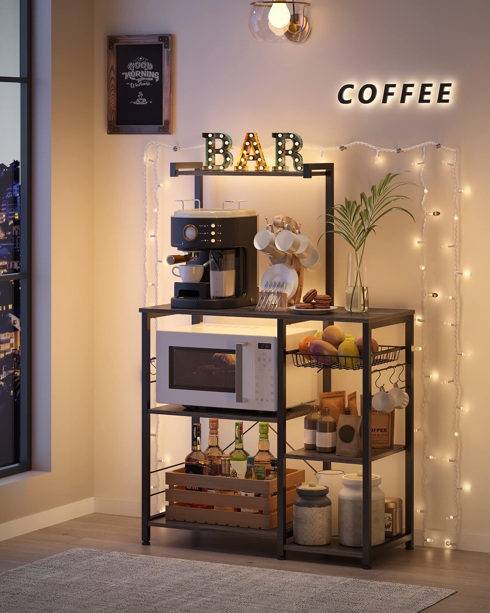 VASAGLE Kitchen Storage Rack with Shelves & Wire Basket - Microwave Stand, Baker's Rack with 6 Hooks for Spices, Pots & Pans - Charcoal Gray & Black UKKS035B04 - Perfect for Small Kitchens, Pantry Organization & Countertop Storage