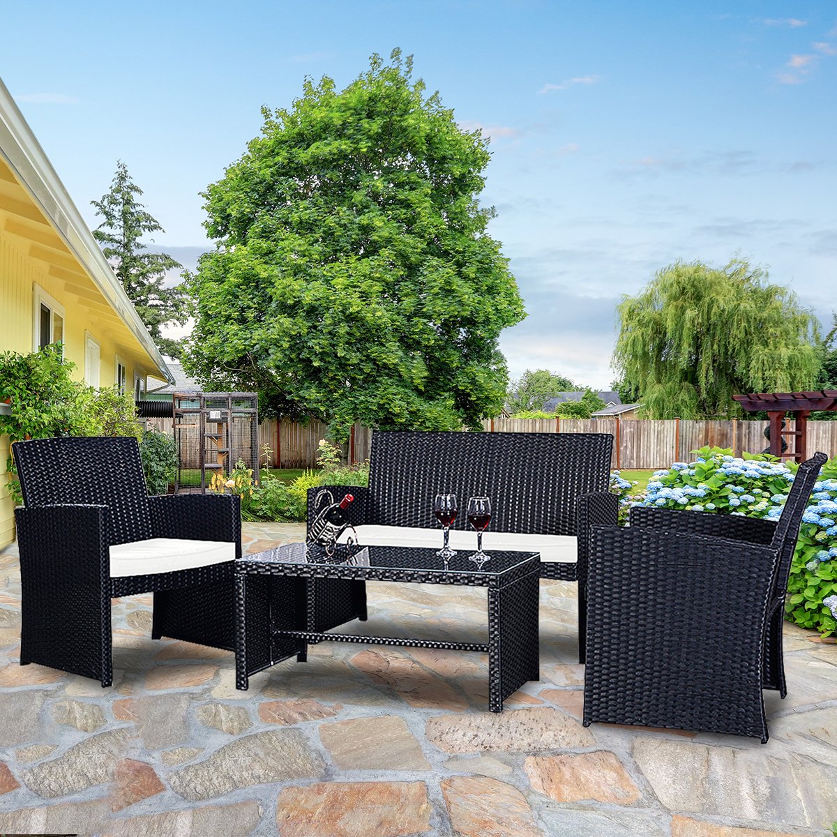 Casart 4-Piece Rattan Patio Furniture Set - Wicker Outdoor Sectional Sofa with Tempered Glass Coffee Table, High Backrest & Removable Cushions - Perfect for Garden, Lawn, Balcony, Deck & Poolside Relaxation
