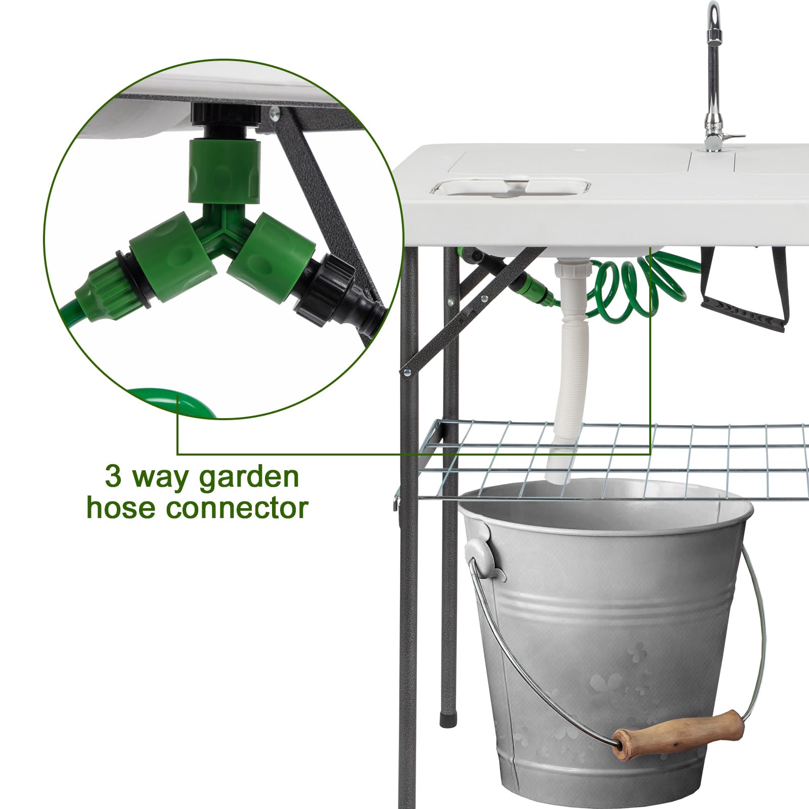 VINGLI Folding Fish Cleaning Table with 2 Stainless Steel Sinks - Portable Outdoor Camping Table with Grid Rack, Sprayer & Drainage Hose - Perfect for Backyard BBQ, Fishing Trips & Camping Kitchen Prep