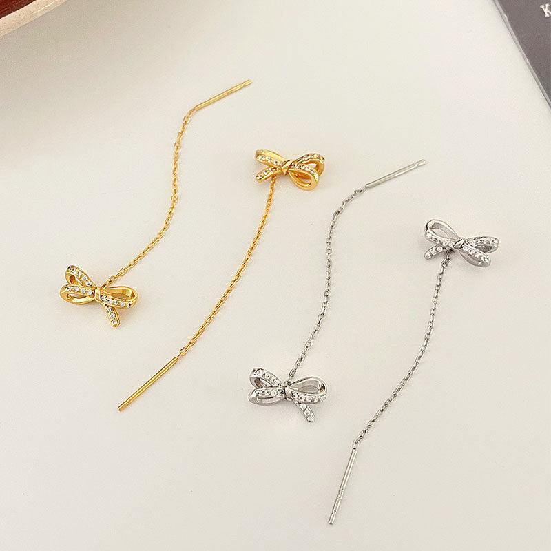 Gold Bow Tassel Fringe Threader Earrings for Women - Elegant Dangle Drop Earrings for Parties, Weddings & Special Occasions | R0016
