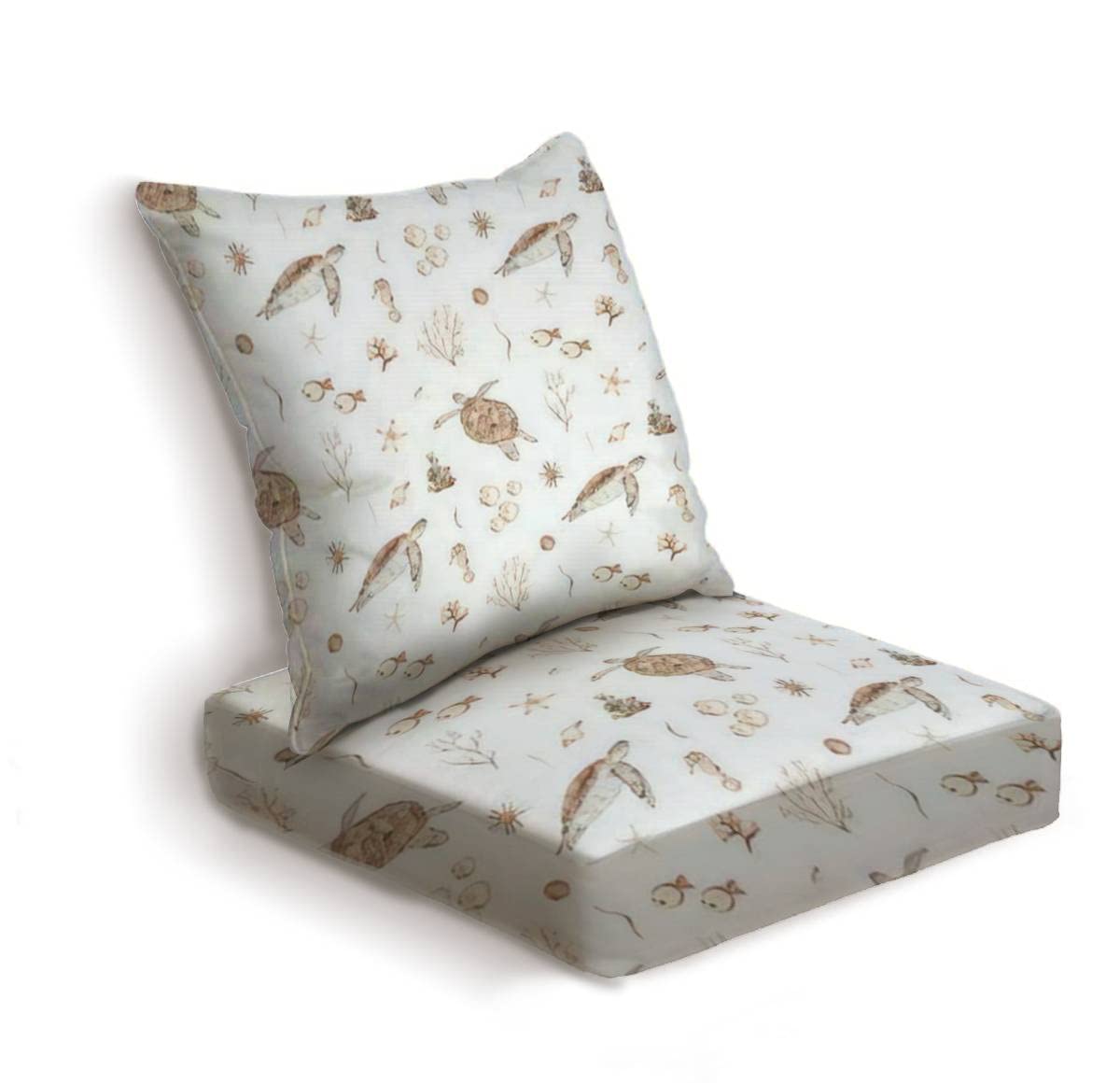 2-Piece Watercolor Sea Turtle Outdoor Deep Seat Cushion Set - Waterproof Patio Furniture Replacement Cushions for Lounge Chairs, Conversation Sets - Perfect for Poolside, Beach House & Garden Decor