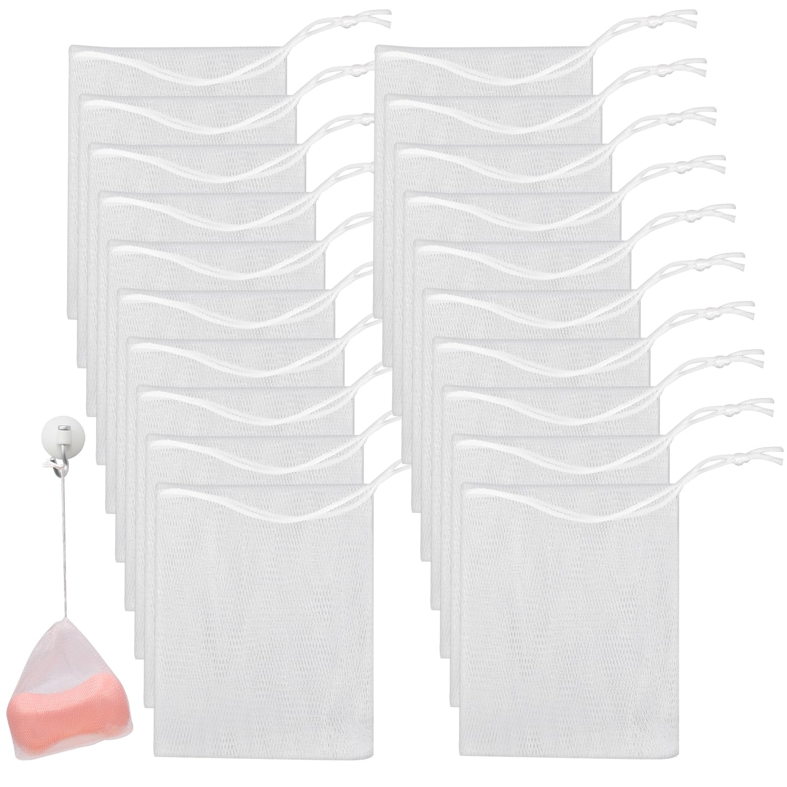 Mozeat 20-Pack Exfoliating Mesh Soap Saver Bags with Drawstring - Reusable Soap Pouch for Handmade Soap, Bath & Shower | Creates Rich Lather, Extends Soap Life, Perfect for Travel & Eco-Friendly Bathing