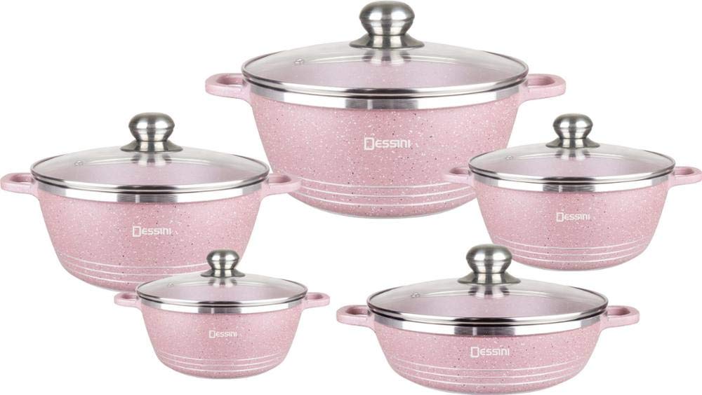 Premium Non-Stick Cookware Set - 10-Piece Aluminum Pots & Pans for Soup, Stew, Casserole & Gas Stove Cooking | Includes Saucepan & Steamer | Dishwasher Safe Pink Kitchenware for Home Chefs & Cooking Enthusiasts | Perfect for Family Meals, Dinner Parties & Everyday Cooking