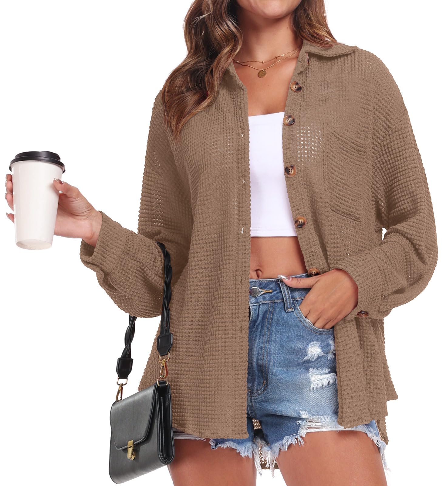 Anyhold Women's Waffle Knit Shacket Jacket - Plus Size Button Down Shirt with Long Sleeves for Fall | Casual & Dressy Tops for Work, Date Night & Everyday Wear