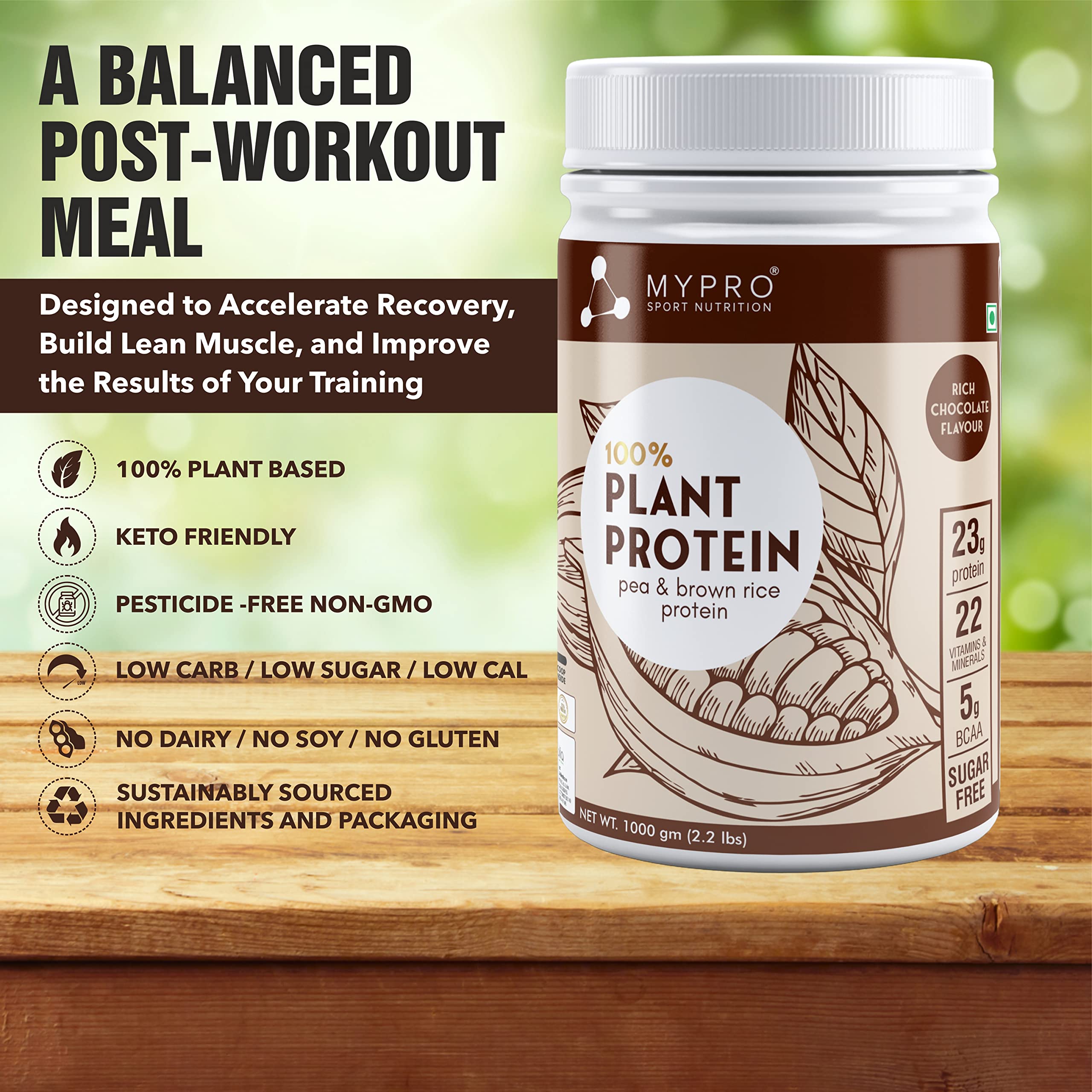 Mypro Sport Nutrition Plant Protein Powder - Pea & Brown Rice Protein (23g Protein, 22 Vitamins & Minerals, 5g BCAA) Vegan Protein Supplement for Men & Women - Chocolate Flavor (1000g) for Post-Workout Recovery & Muscle Growth