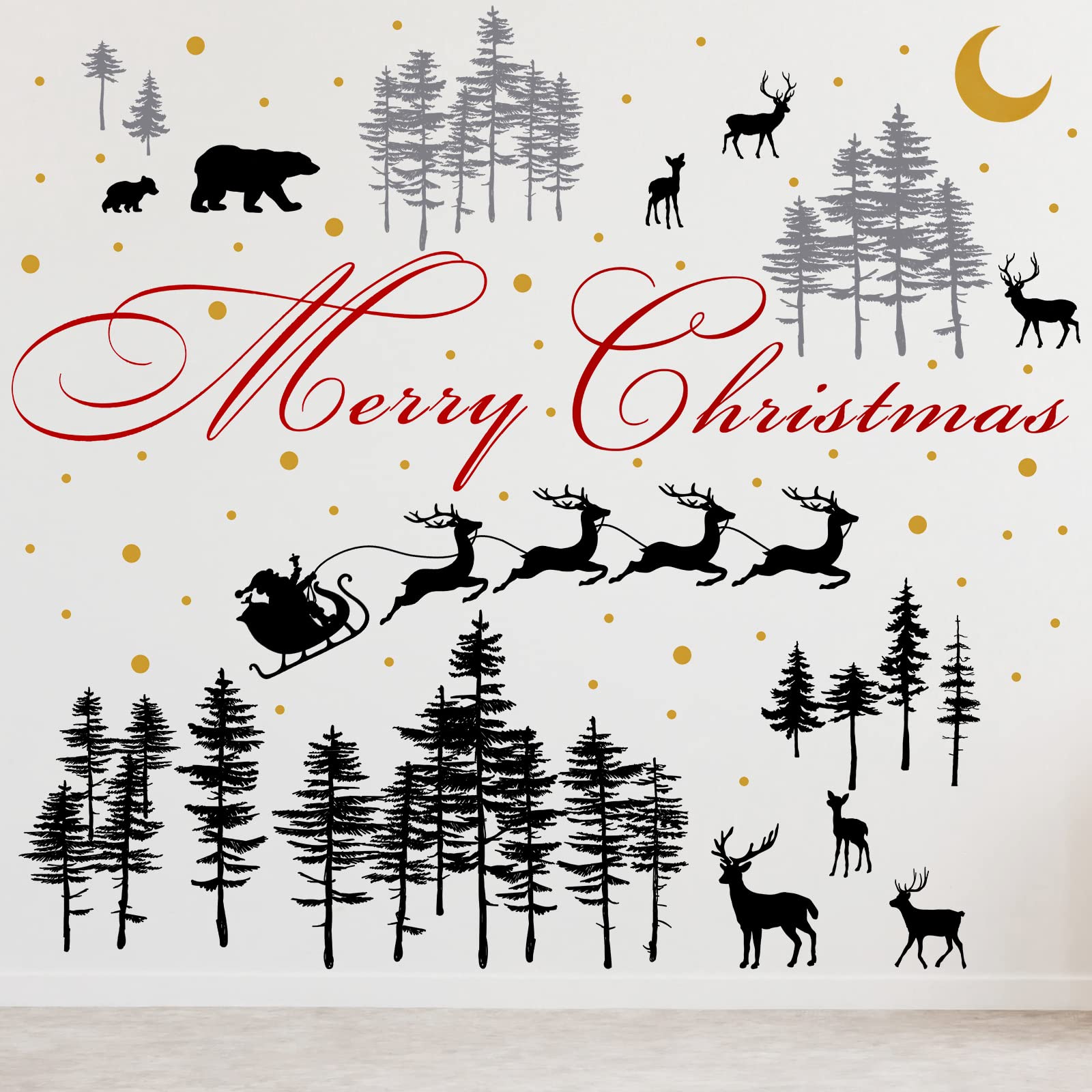 Kisston 3-Piece Christmas Forest Deer Wall Decals - Woodland Nursery Vinyl Stickers with Bears, Pine Trees & Stars - Perfect for Living Room, Bedroom & Nursery Decor (Easy Peel & Stick Home Decor)