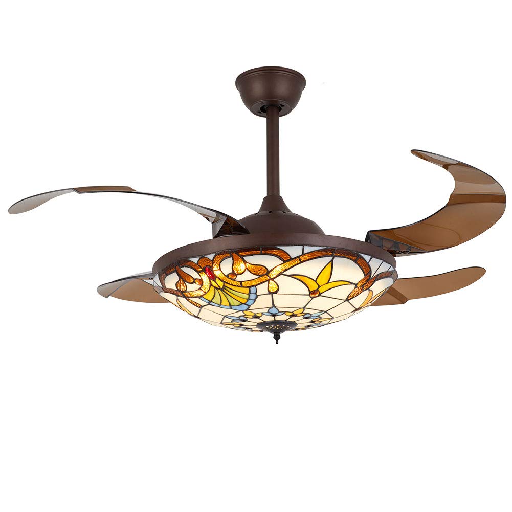 42 Inch Tiffany Style Ceiling Fan with LED Light and Remote Control - 3 Speed Adjustable, Retractable Blades - Perfect for Living Room, Bedroom, and Dining Room