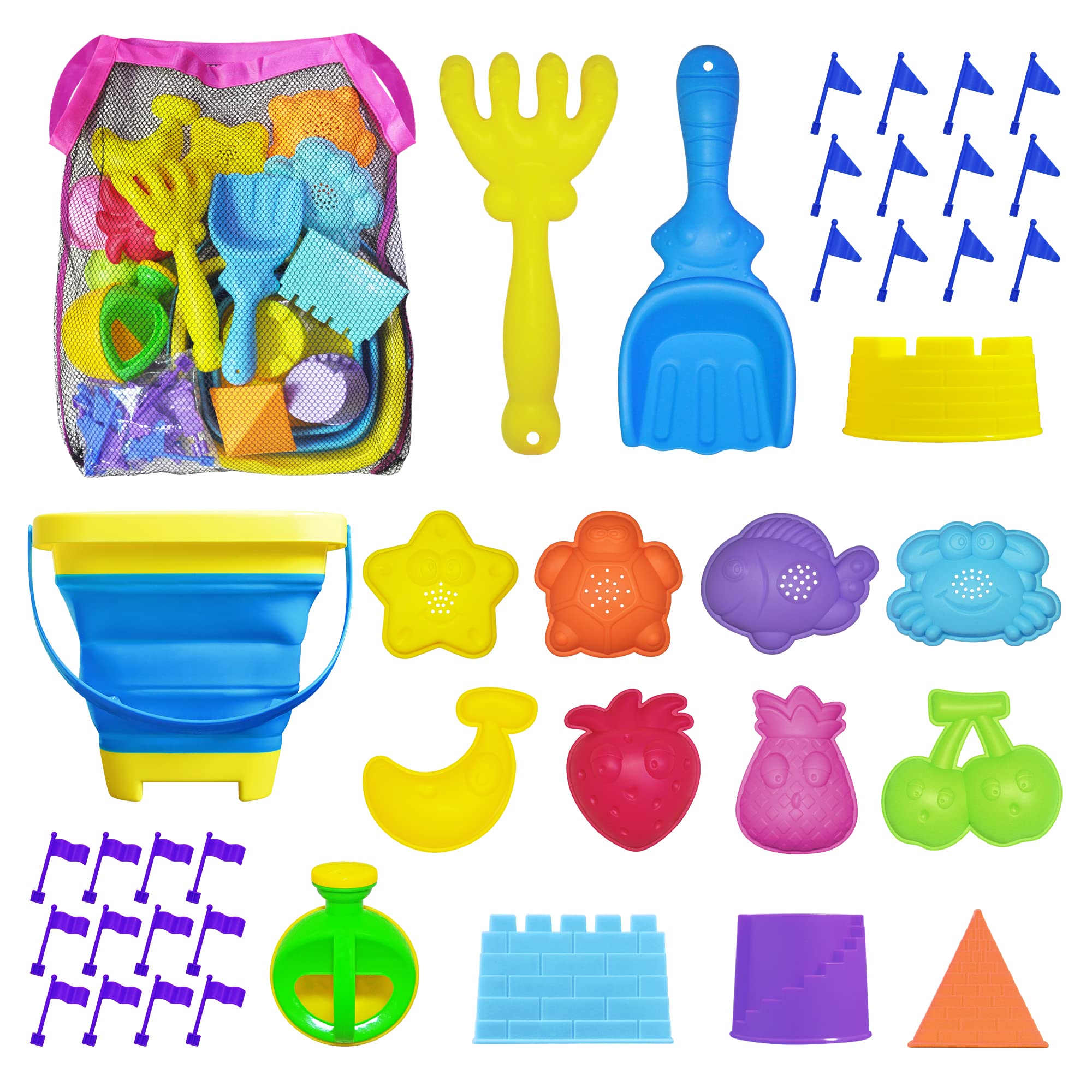 41 PCS Beach Toys Set for Kids Age 3-10 - Collapsible Sand Bucket, Shovels, Molds & Mesh Storage Bag - Perfect for Sandcastles, Beach Play & Outdoor Summer Activities - Great Birthday/Christmas Gift for Boys & Girls