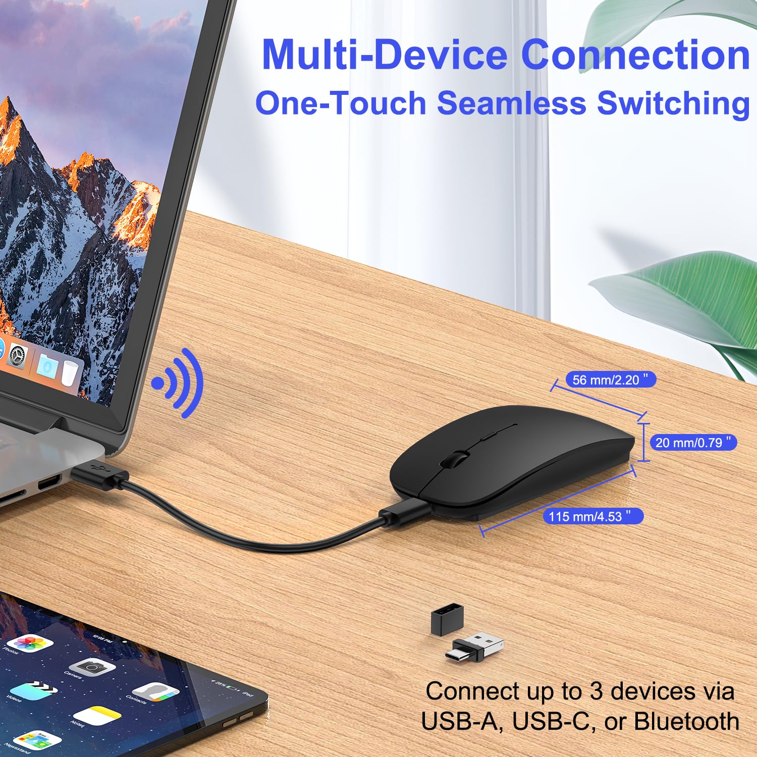 Undetectable Bluetooth Wireless Mouse Jiggler - Rechargeable Silent Mouse with Built-in Mover for MacBook, iPad, PC | Slim Design for Office, Remote Work & Online Meetings (Black)