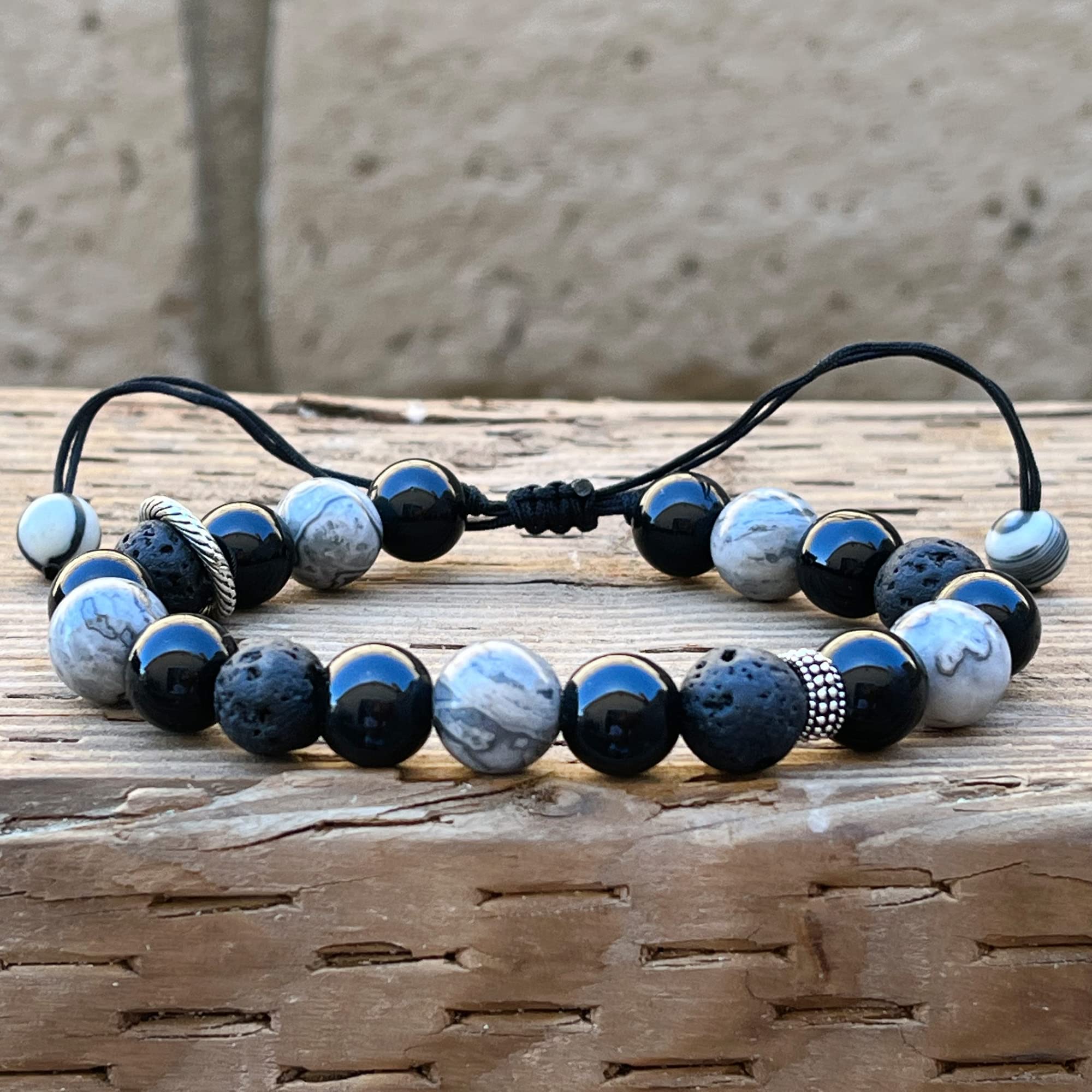 ARTSY Crafts Natural Gemstone Beads Bracelets for Men - Black Onyx Semi-Precious Stone Adjustable 7-9 Inch Wristbands, Grounding Chakra Healing Crystal Beaded Bracelet for Meditation, Anxiety Relief & Spiritual Wellness | Perfect for Yoga, Mindfulness Practice & Gift Giving