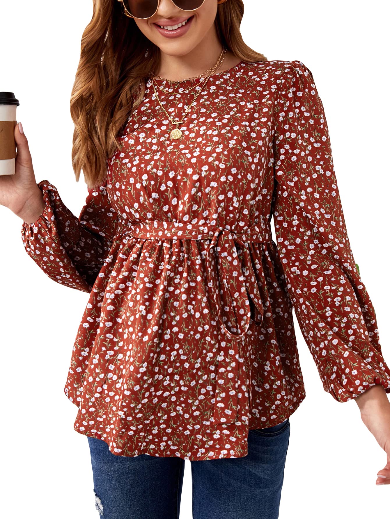 Floerns Women's Maternity Long Sleeve Ruffle Hem Belted Peplum Blouse Top - Comfortable Pregnancy Shirt for Work, Party & Casual Wear