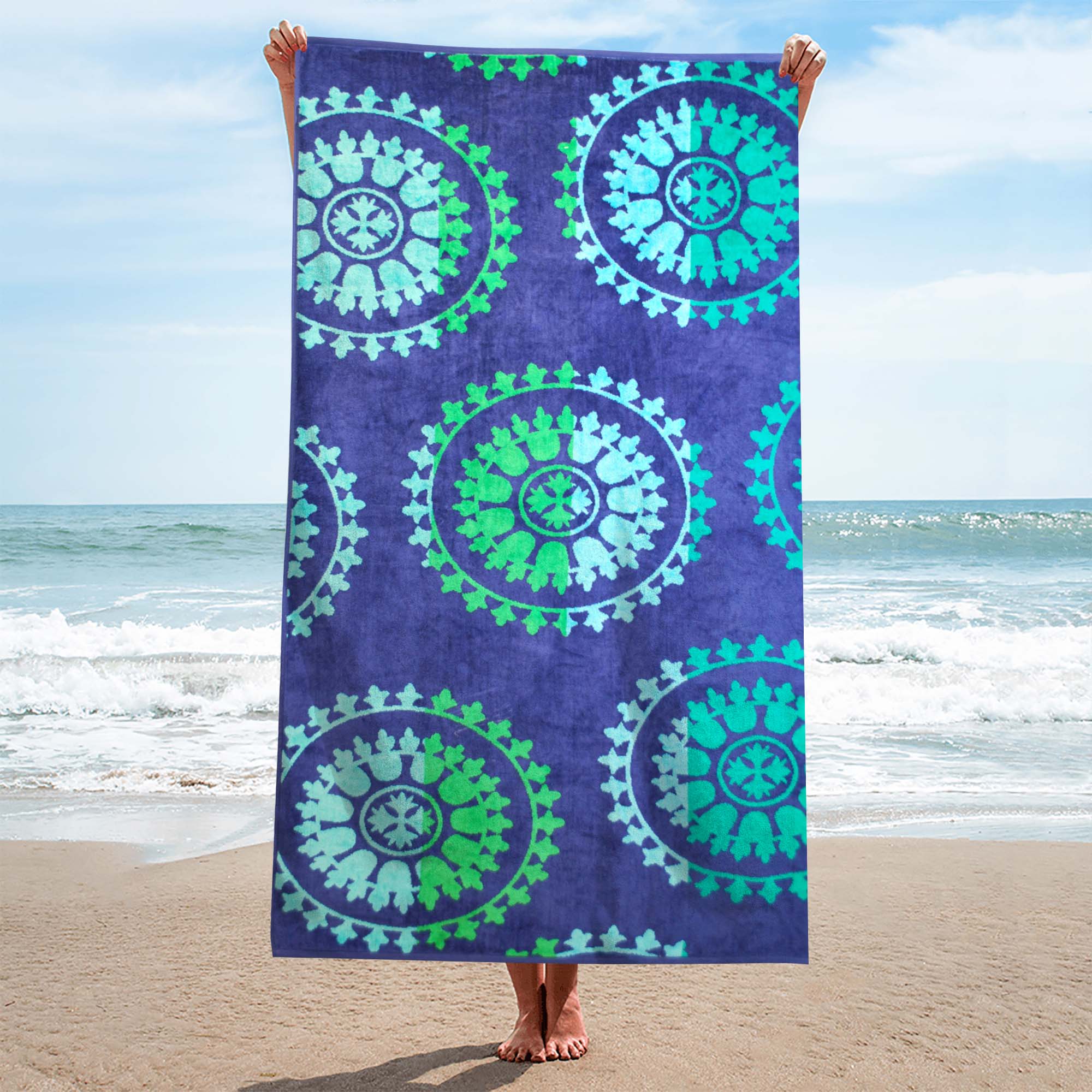 Premium Oversized Cotton 2-Piece Beach Towel Set - Ultra Soft & Absorbent Spinning Wheels Design - Perfect for Pool, Beach, Vacation & Outdoor Activities