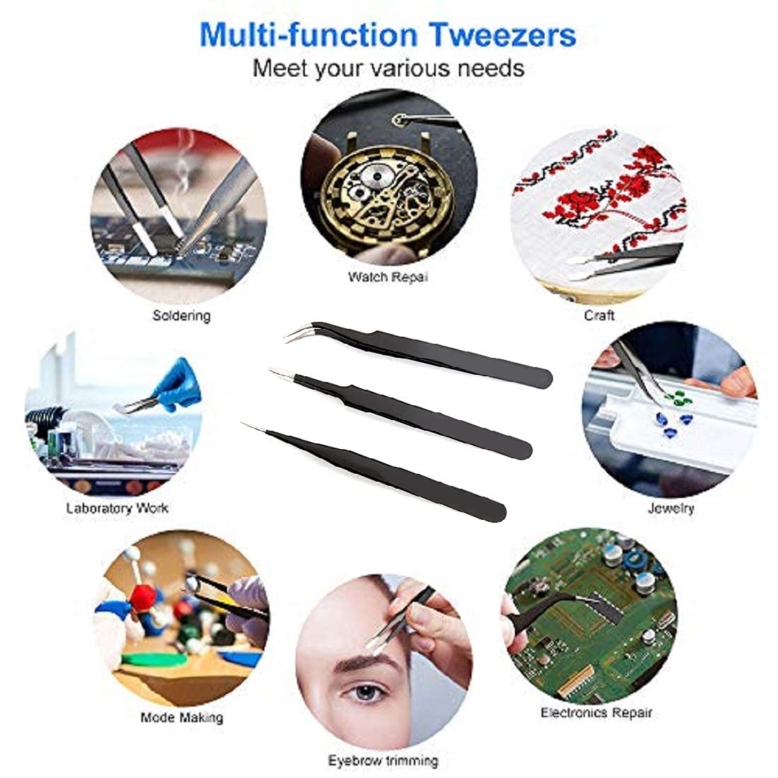 Vadda Bai Set of 3 ESD Safe Stainless Steel Black Coated Tweezers - Curved, Flat & Pointed Tips for Electronics Repair, Jewelry Making, Crafts & Lab Work | Perfect for Eyebrow Hair Removal & Precision Tasks