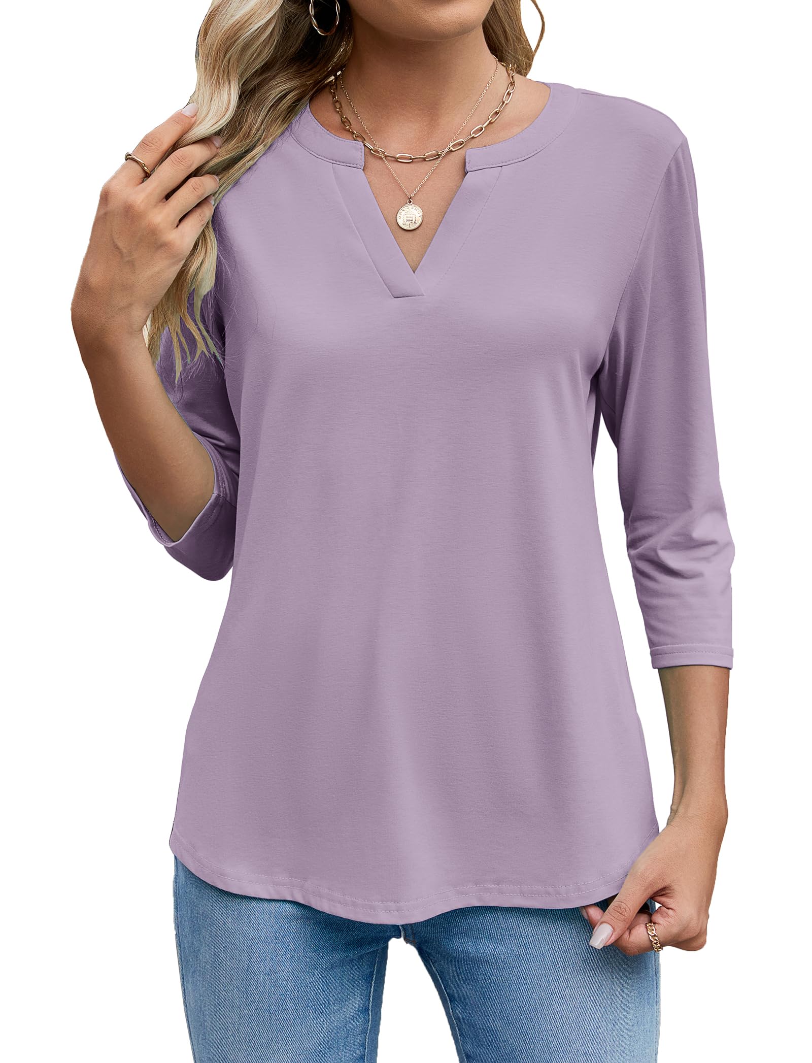 Sherosa Women's 3/4 Sleeve V-Neck Casual Henley Blouse - Comfortable Work Tops for Office, Business Casual & Everyday Wear