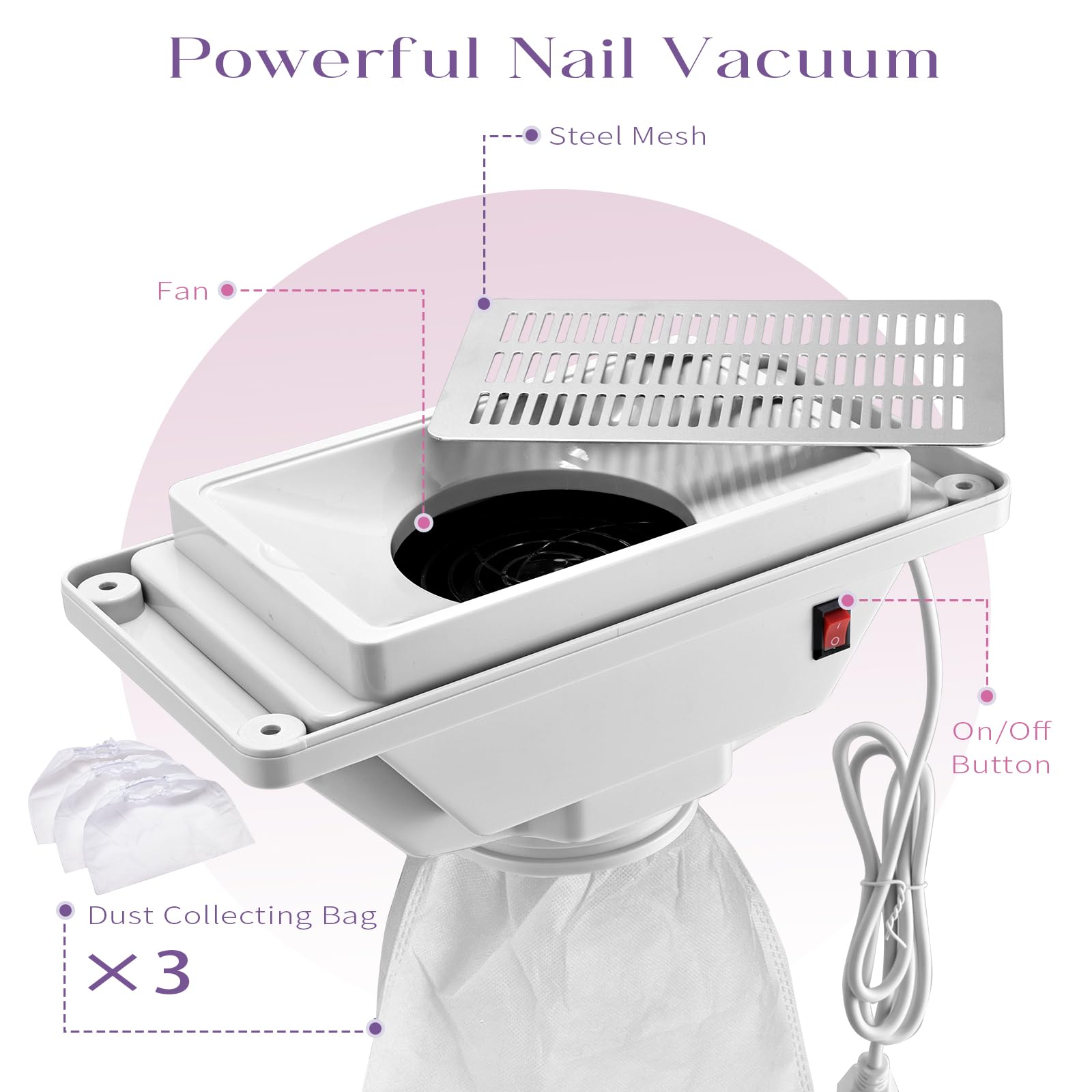 Portable Nail Desk with Built-in Dust Collector - Foldable Rolling Manicure Table for Nail Technicians | Professional Nail Art Station with Wrist Support, 4 Lockable Wheels & Storage Bag | Perfect for Home Salon, Mobile Nail Services & Professional Studios (Pink)