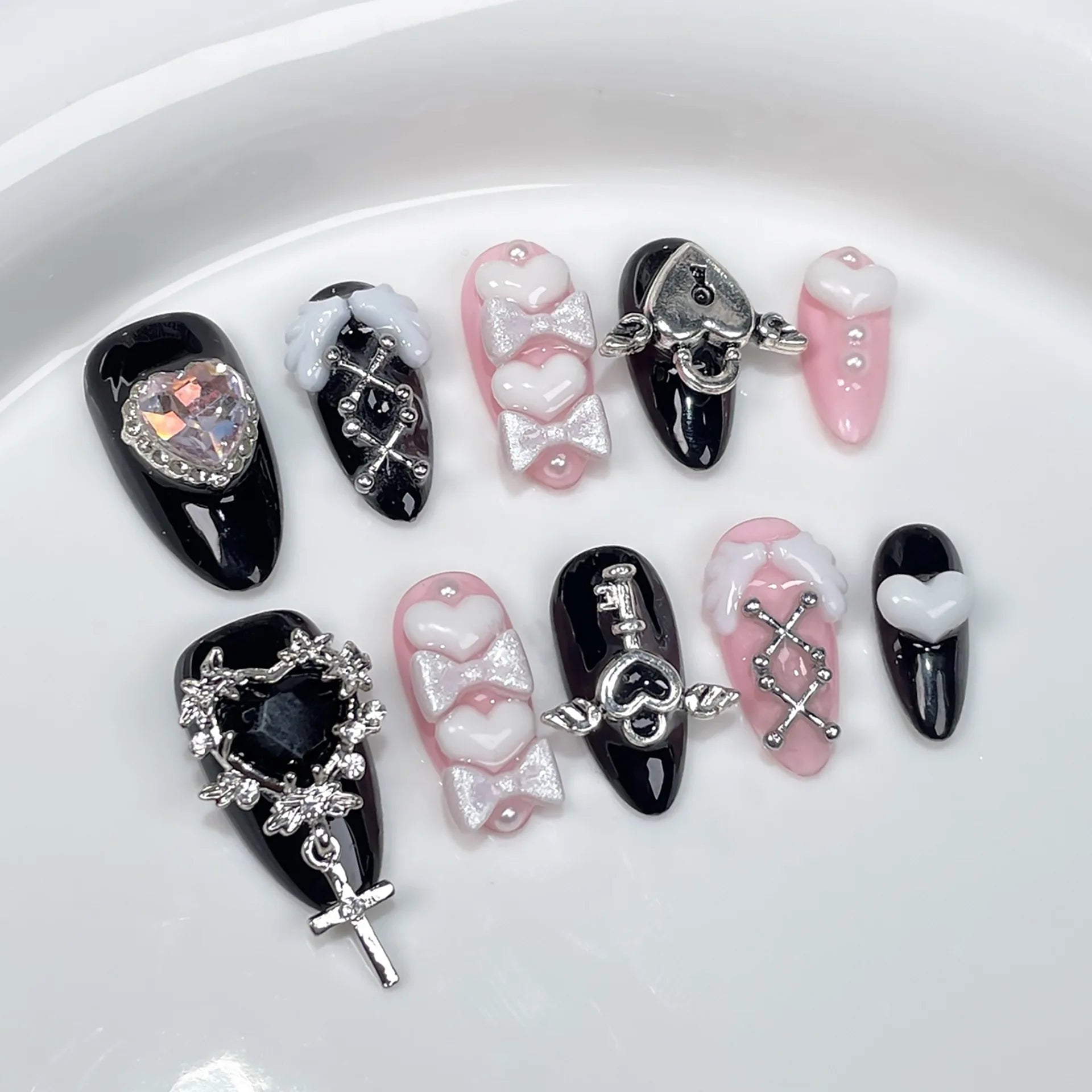10Pcs Metallic Almond Press-On Fake Nails with Glue - Dark Color Full Cover False Nails for Manicure | Sweet & Cool Gel Nail Tips for Party, Wedding, Date Night & Special Occasions