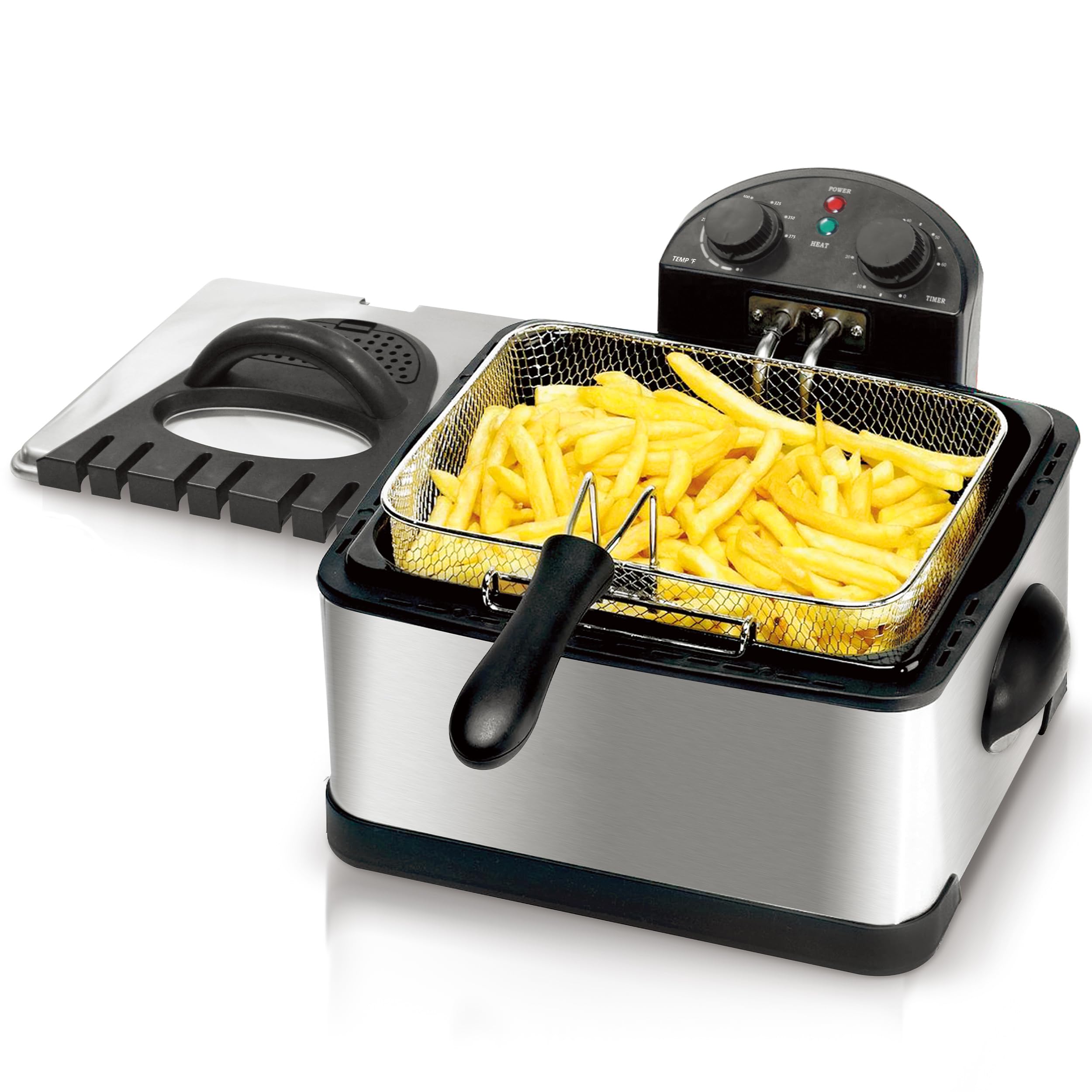 MegaChef 4.23 Quart Electric Deep Fryer with Adjustable Temperature Control & Timer - Perfect for Home Kitchen, Restaurants, and Party Cooking
