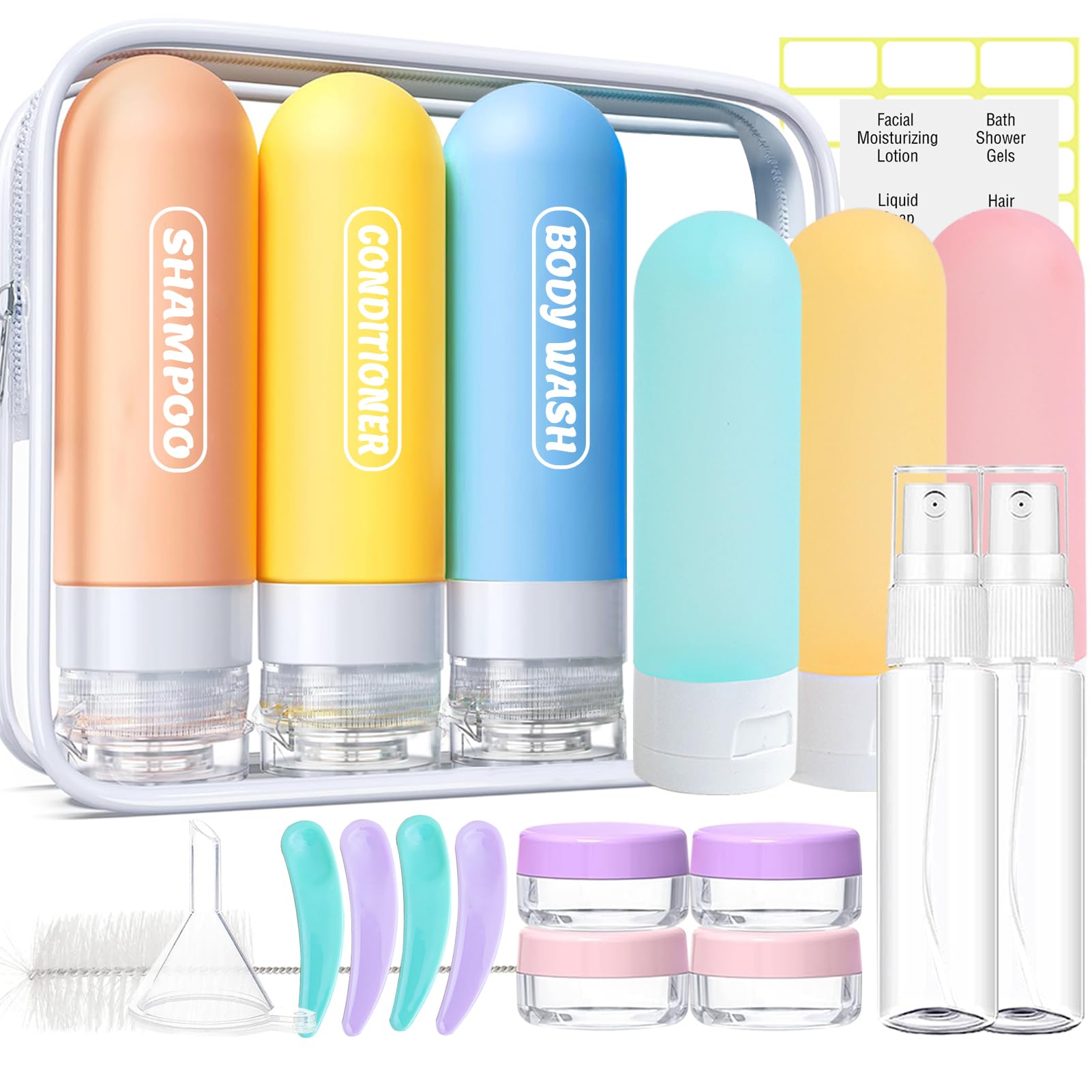 20 Pack TSA Approved Travel Bottles Set - Leak Proof Refillable Toiletries Containers for Shampoo, Conditioner & Essentials (Light Color) - Perfect for Air Travel, Camping & Gym Use