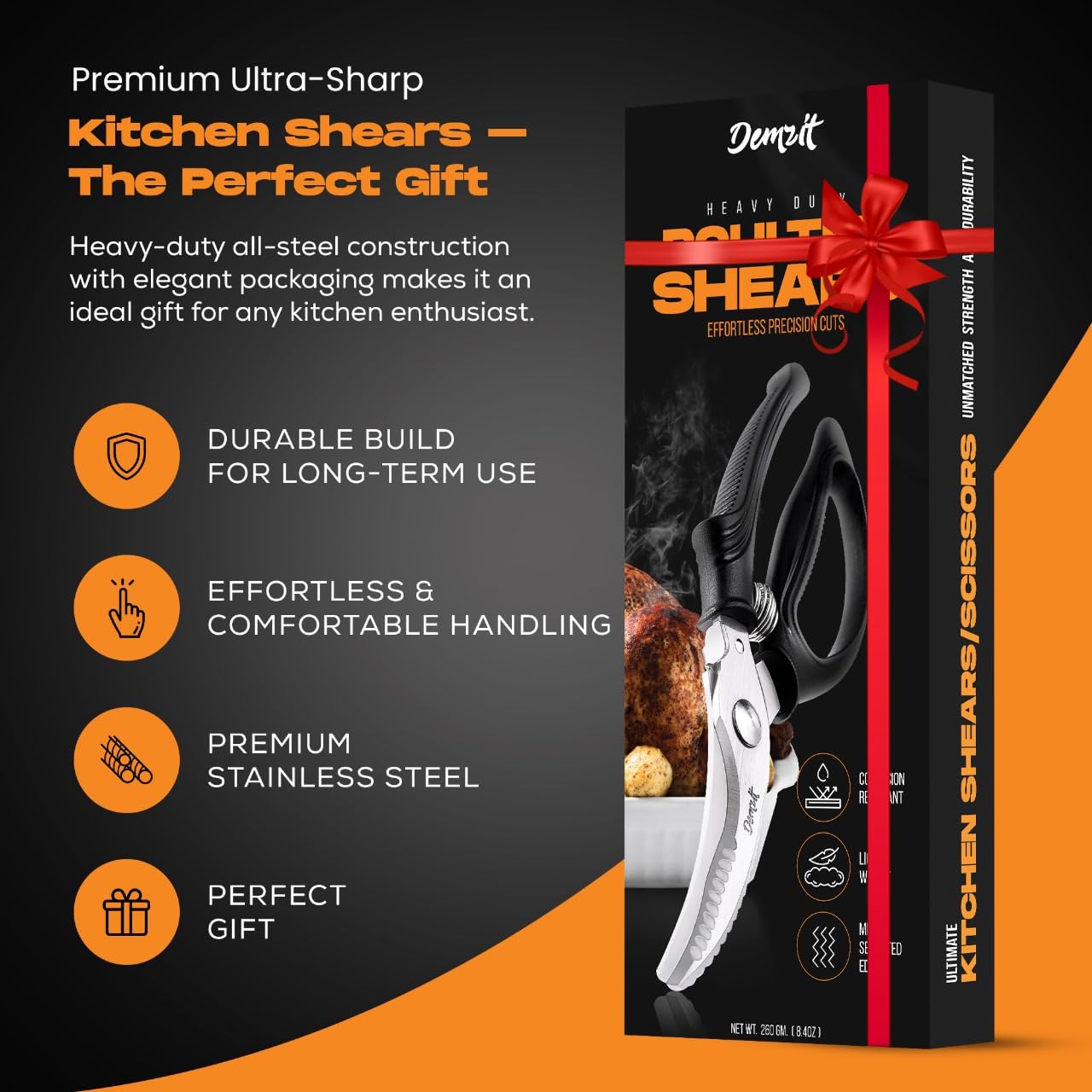 Premium Poultry Shears - Heavy Duty Kitchen Scissors for Cutting Chicken, Meat & Bones | Ergonomic Food Scissors with Safety Lock | Ideal for Meal Prep, Butchering & Cooking