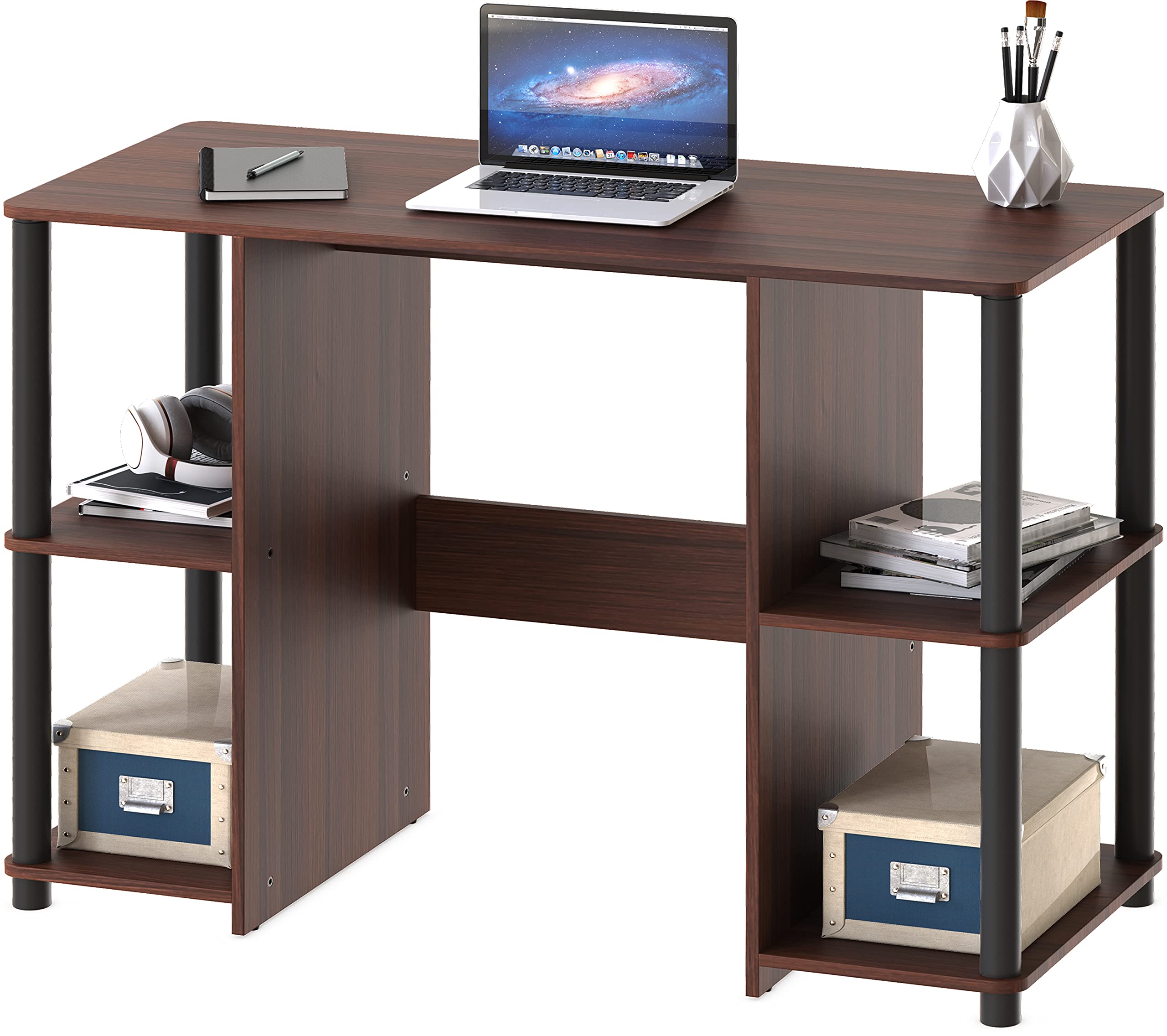 SHW Home Office Wood Desk with Double Sided Shelves - Cherry Finish Computer Writing Desk for Small Spaces, Study Room & Modern Workspaces