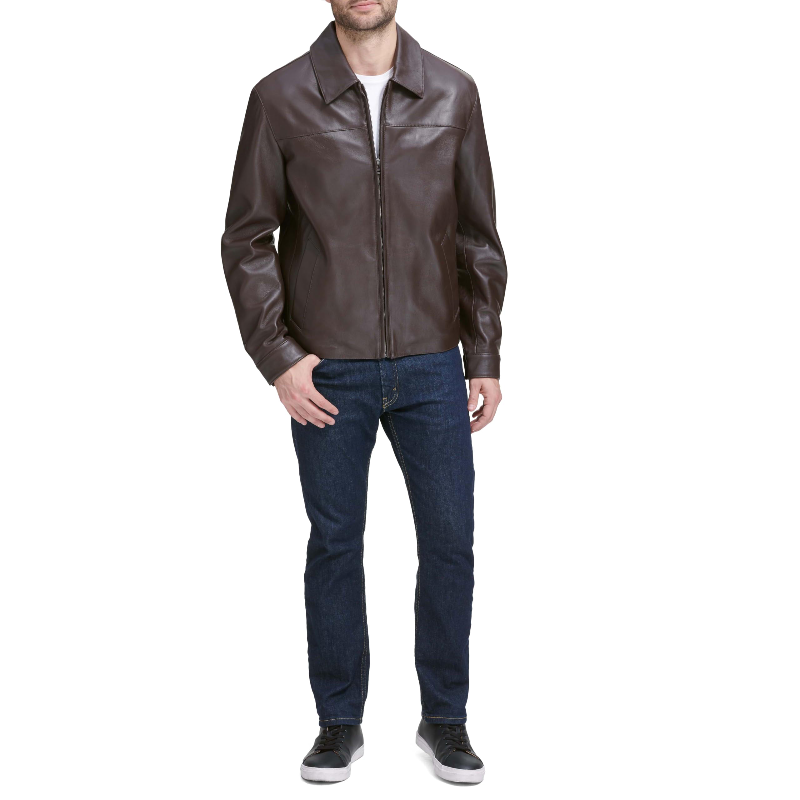 Cole Haan Signature Men's Smooth Lamb Leather Jacket - Dark Brown, Size Small | Premium Shirt Collar Design for Business Casual & Night Out | Perfect for Office Wear, Date Night & Fall Fashion