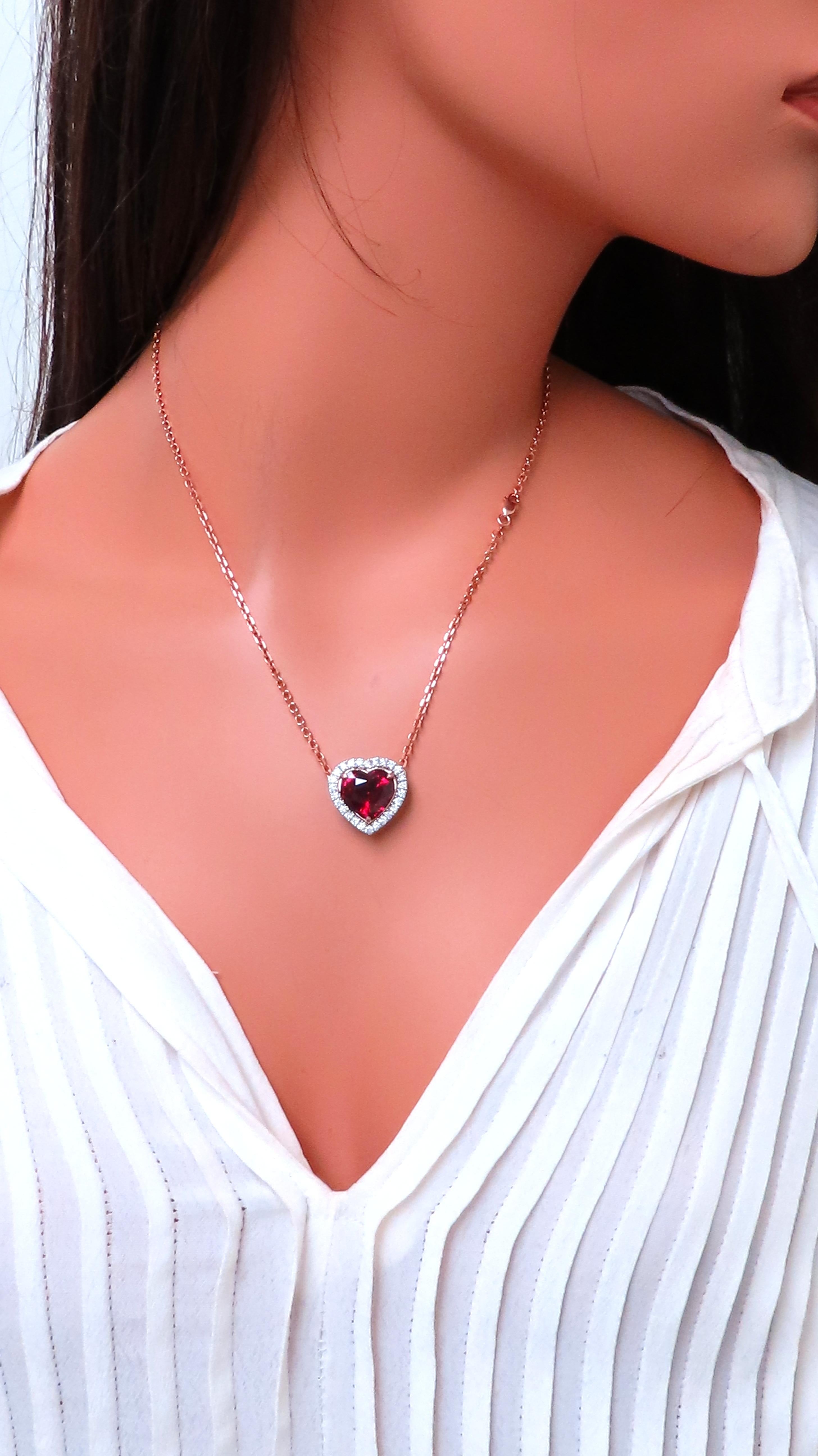 GIA Certified 8.72ct Natural Heart-Shaped Garnet Halo Necklace in 14kt Gold with Rhodolite Accents - Perfect for Valentine's Day Gifts, Anniversary Presents & Special Occasions