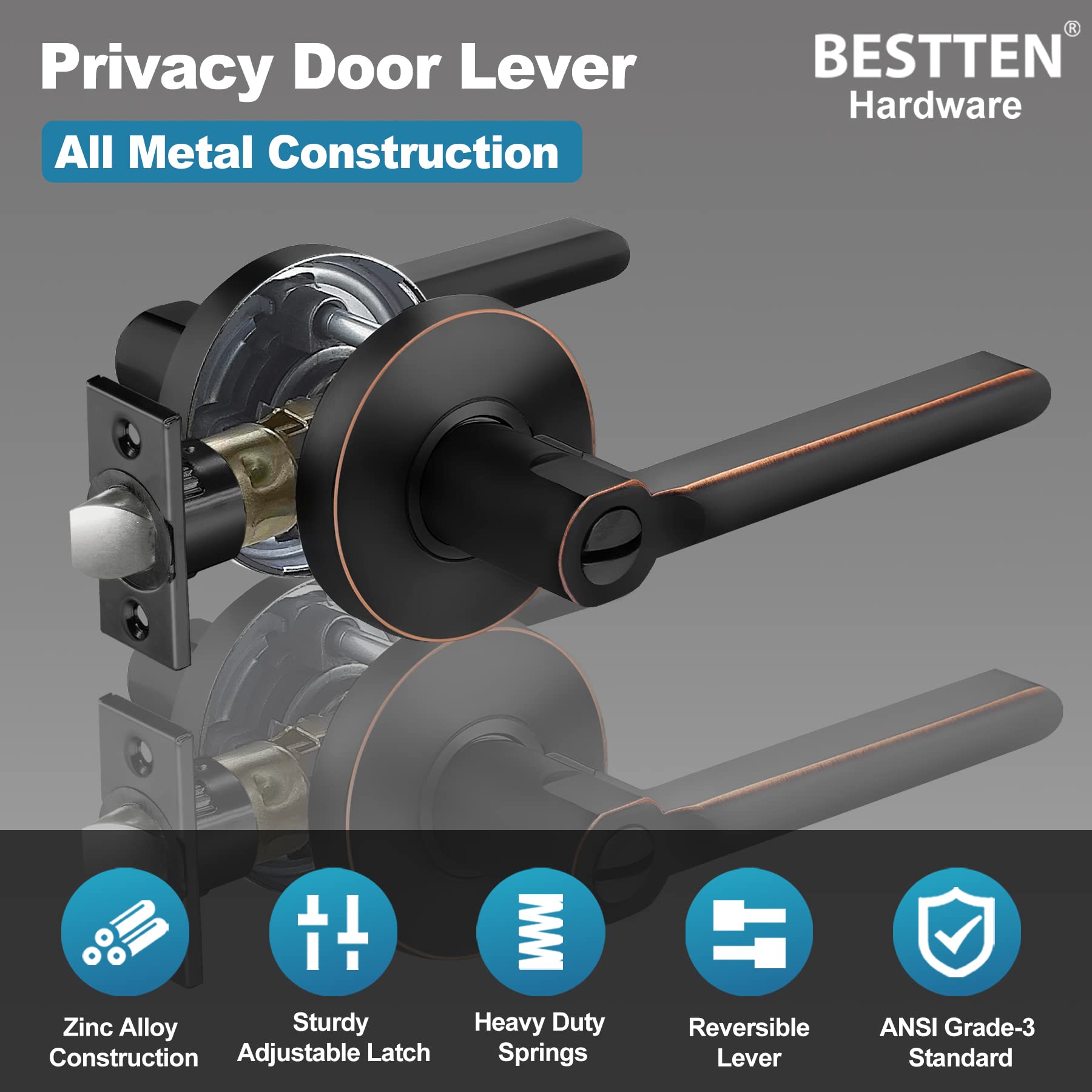 BESTTEN 5-Pack Heavy Duty Oil Rubbed Bronze Privacy Door Handles with Removable Latch Plate - Vienna Series Round Knob Design for Bathroom, Bedroom, Commercial & Residential Use | Durable Hardware for Interior Doors, Cabinets & Home Renovation Projects