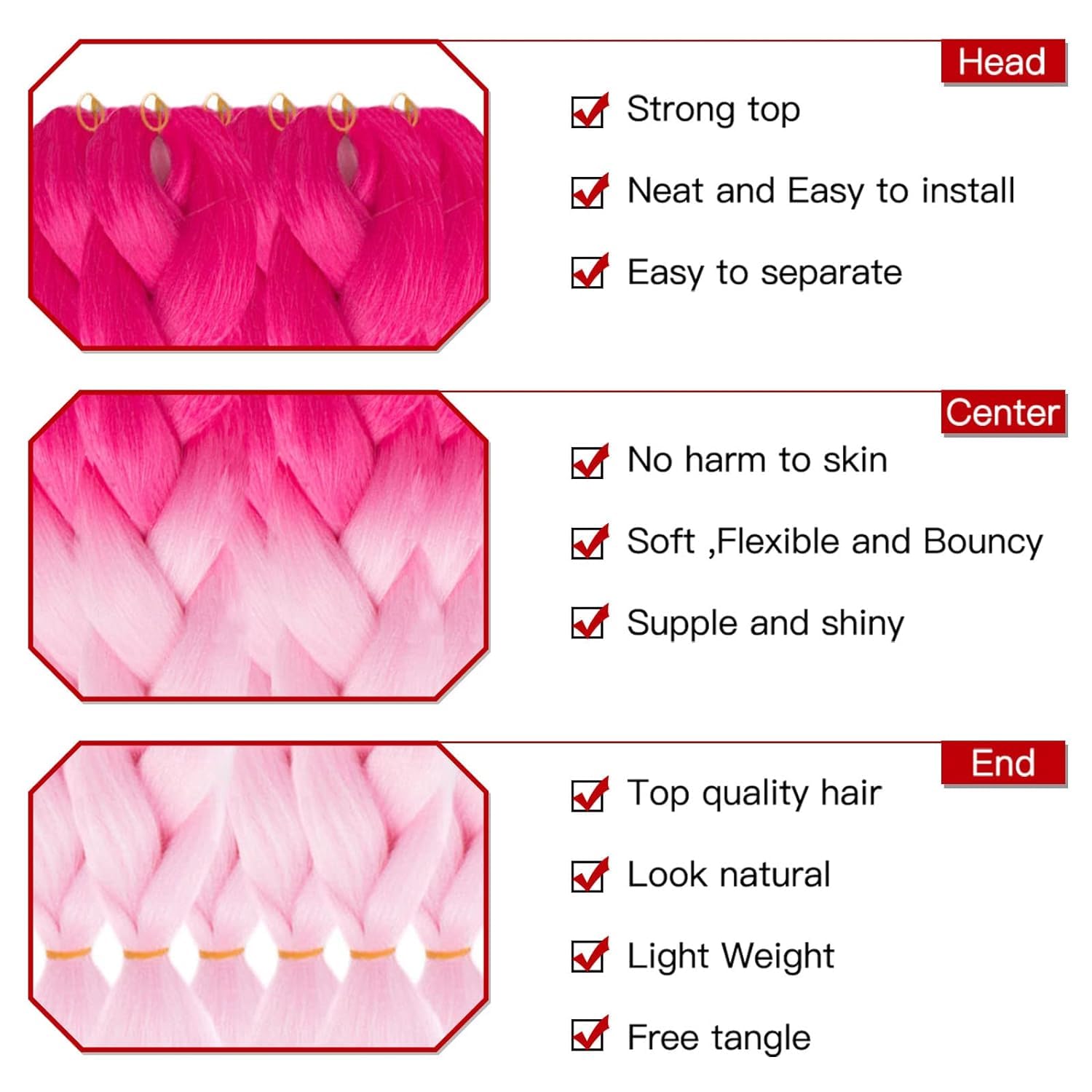 Ritzkart Ultra Braid 24 Inch Raw Hair Braiding Hair for Wigs, Hair Extensions & Dreadlocks - Dark to Light Pink (B40) | Perfect for Styling, Cosplay & Protective Hairstyles
