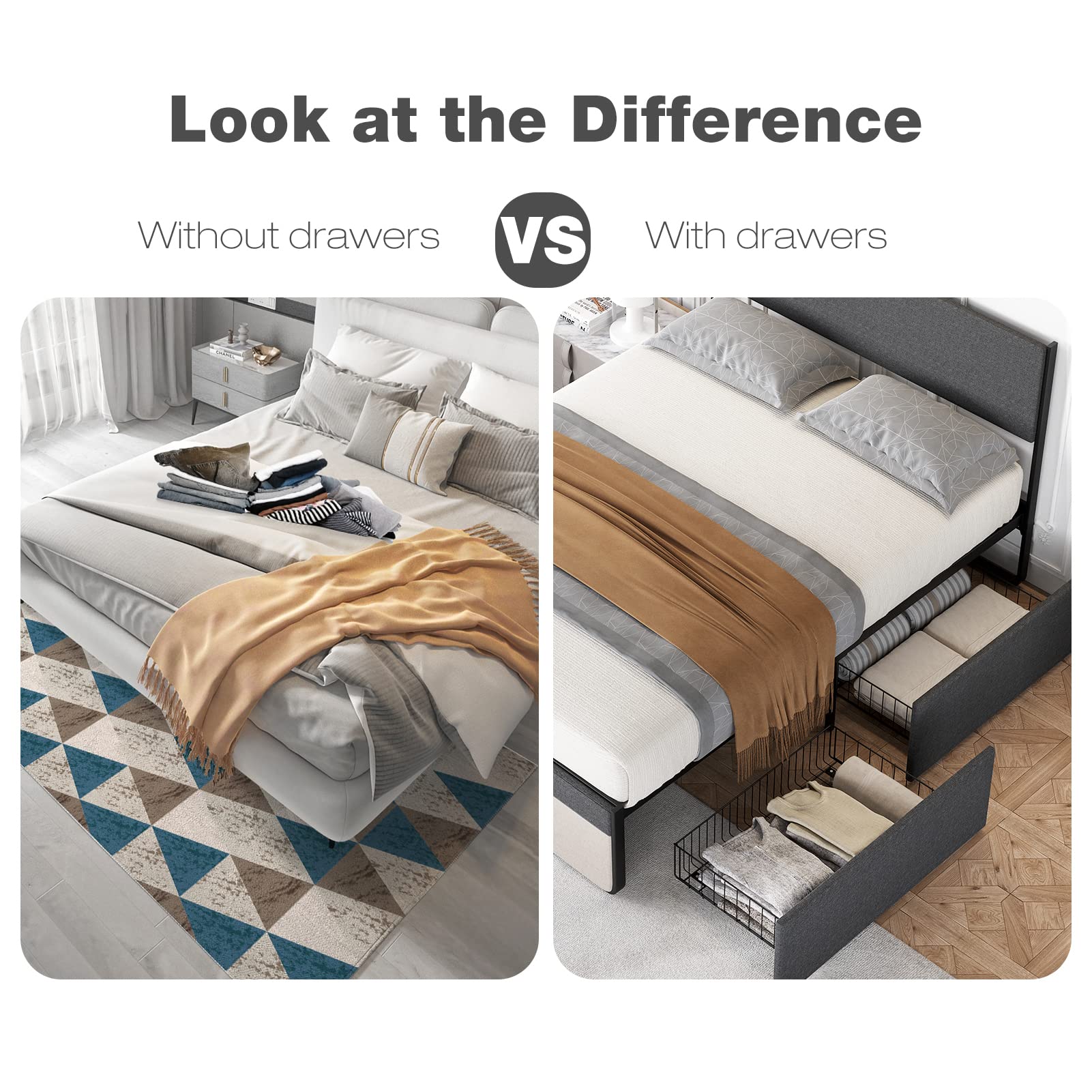 IDEALHOUSE Queen Size Bed Frame with 2 Storage Drawers - Upholstered Platform Bed with Headboard & Steel Slat Support, No Box Spring Needed - Perfect for Small Bedrooms & Guest Rooms