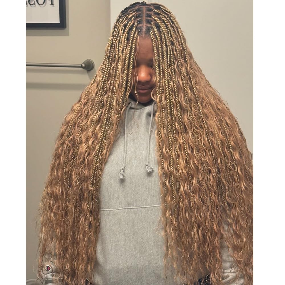 Honey Blonde #27 Crochet Boho Braids with Human Hair Curls - 24 Inch Pre-looped Box Braids with Curly Ends (80 Strands) - Perfect for Boho Chic, Festival, and Everyday Protective Hairstyles
