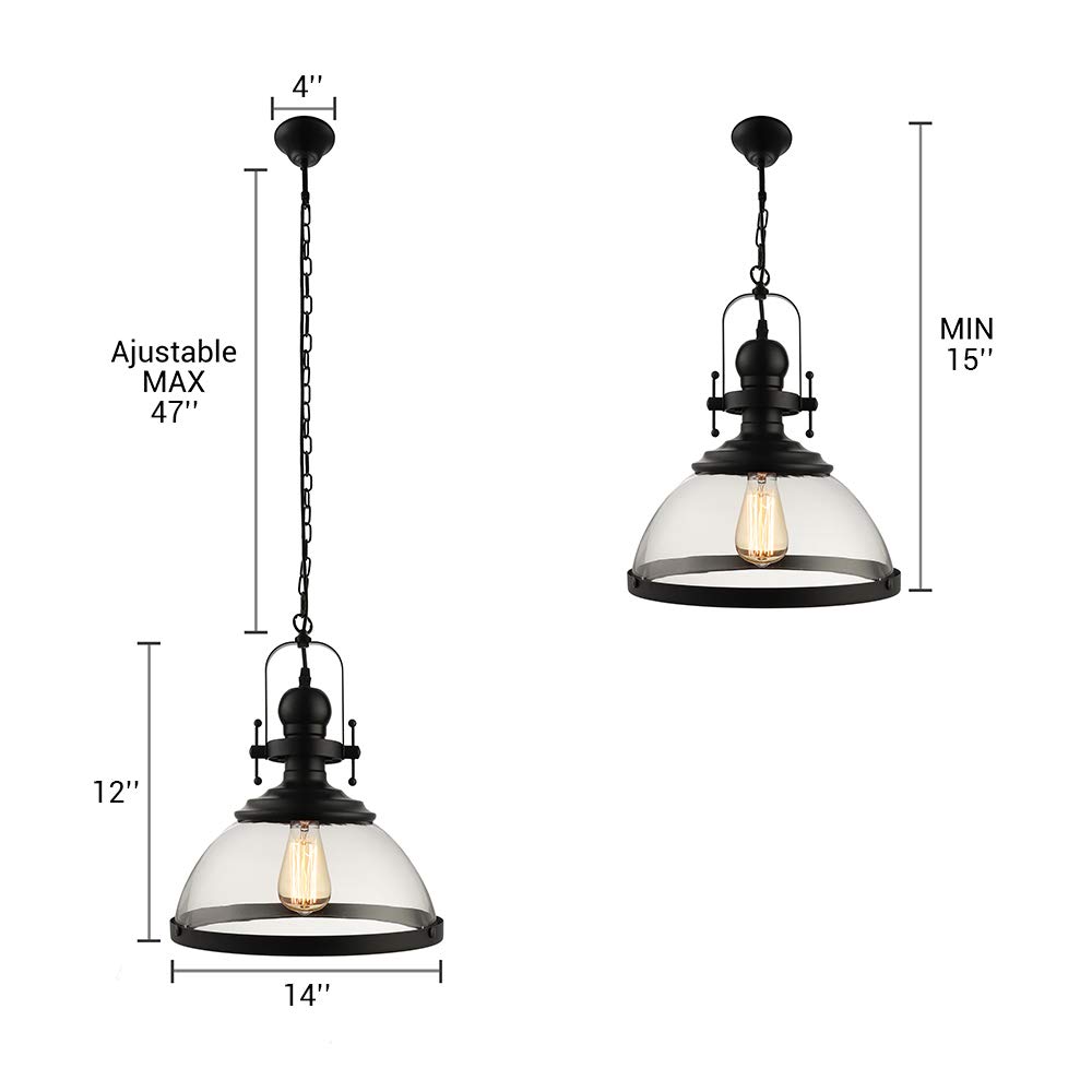 Modern Black Industrial Pendant Light with Glass Shade - Hanging Ceiling Lighting Fixture for Kitchen Island, Dining Room, Staircase & Home Decor | Dimmable LED Bulb Compatible