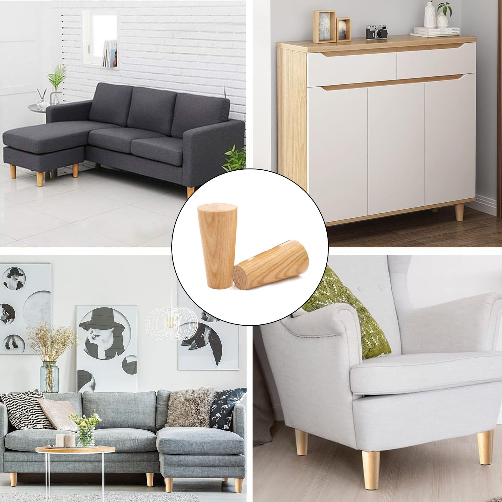BUPOGAKE Mid-Century Modern Wooden Furniture Legs Set of 4 - 3.94 Inch Round Replacement Feet for Sofa, Cabinet & Table - Includes Non-Slip Pads, Screws & Mounting Plates - Perfect for Living Room, Bedroom & Office Furniture Upgrade