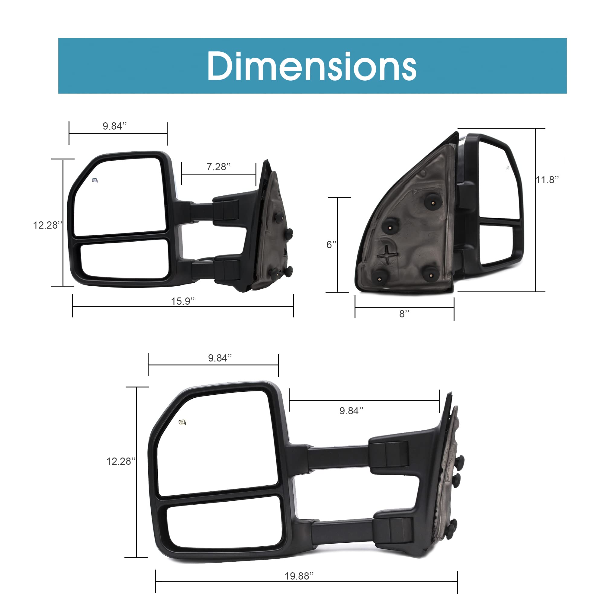 BOOLEE Manual Extendable Towing Mirrors for Ford F250 F350 F450 F550 Super Duty (1999-2016) - Chrome Cap, Folding Design with Manual Glass Adjustment - Perfect for Pickup Trucks, Towing Trailers & Off-Road Adventures