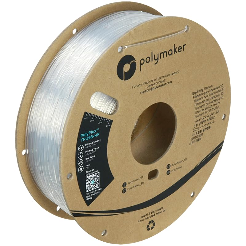 Polymaker PolyFlex TPU95-HF 1.75mm Flexible TPU Filament - High Flow, Shore 95A, 1kg Spool (Clear) for 3D Printing Wearables, Phone Cases & Durable Prototypes