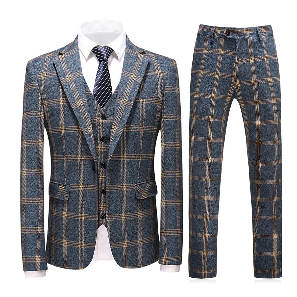 Men's 3 Piece Check Plaid Suit Set - Single Breasted One Button Formal Blazer with Pants & Vest | Perfect for Wedding, Prom, Business, Party & Special Occasions
