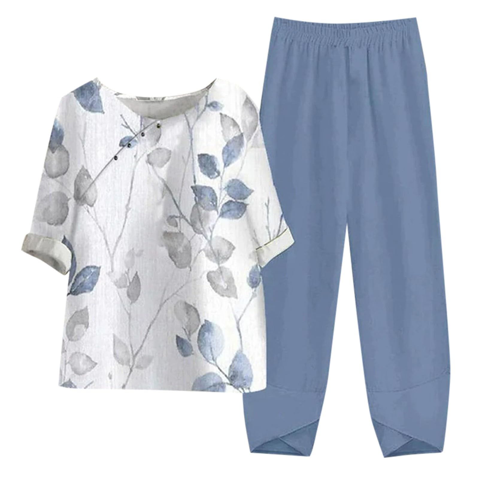 Women's 2-Piece Summer Cotton Lounge Set - Soft Short Sleeve Shirt & Comfortable Capri Pants for Vacation, Beach, and Casual Wear | Breathable Linen Pajama Set for Relaxing at Home