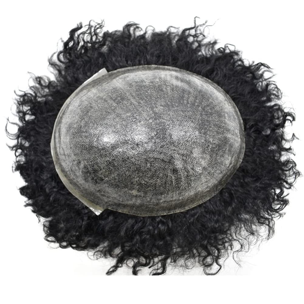 Afro Toupee for Black Men - Curly Brazilian Hair System with All PU Injection - 8''x10'' (10MM) 1B Natural Black - Perfect for Daily Wear, Parties & Special Occasions