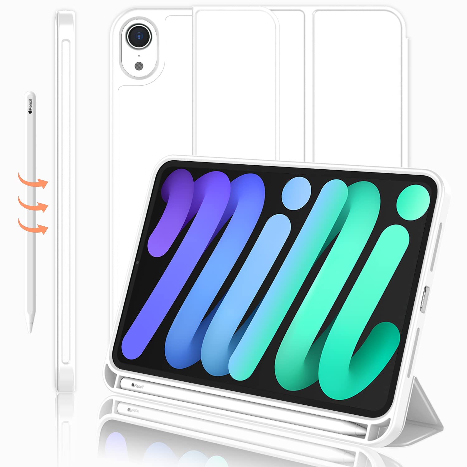 iPad Mini 7 Case 2024 (A17 Pro) & iPad Mini 6 Case (8.3-Inch 2021 Model) - Premium Trifold Stand Smart Cover with Pencil Holder & Soft TPU Back - Compatible with iPad Mini 7th/6th Generation - Perfect for Work, Travel & Home Use (White)